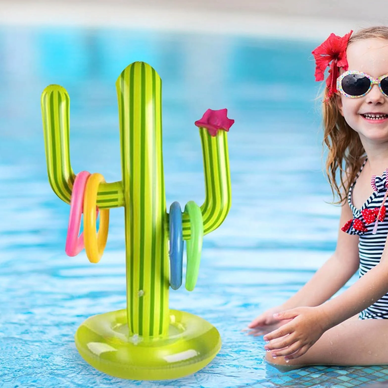 Jouet Gonflable Cactus Jeu de Lancer d'Anneaux 8 Pinces Piscine Exterieur Hawaii Party