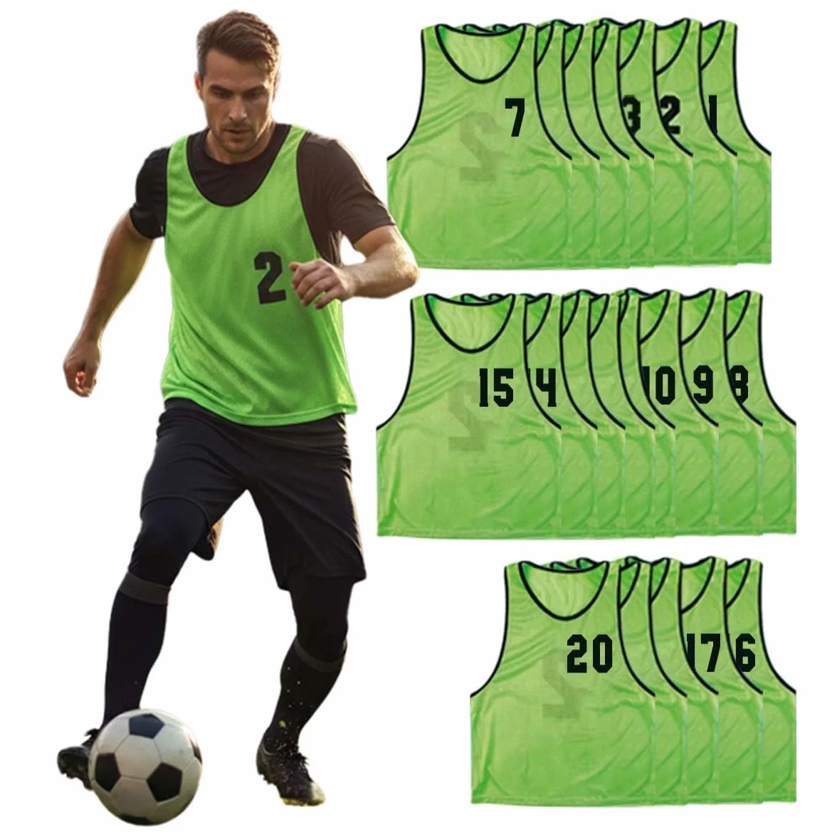 PEGANE Lot de 20 chasubles numérotées Recto-Verso Taille Large Vert Gilet d'entrainement