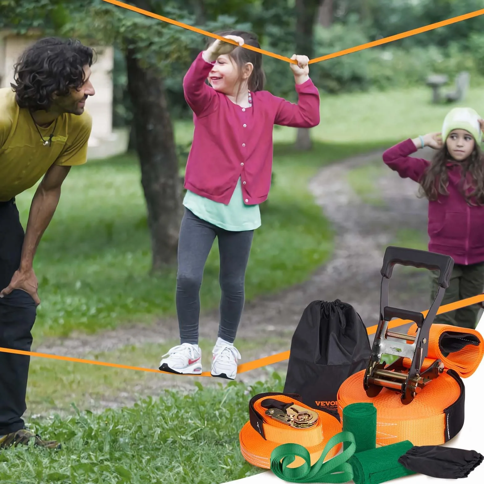 VEVOR Slackline 18,3 m Sangle d'Équilibre 226,8 kg Jeu Complet avec Protecteur d'Arbres
