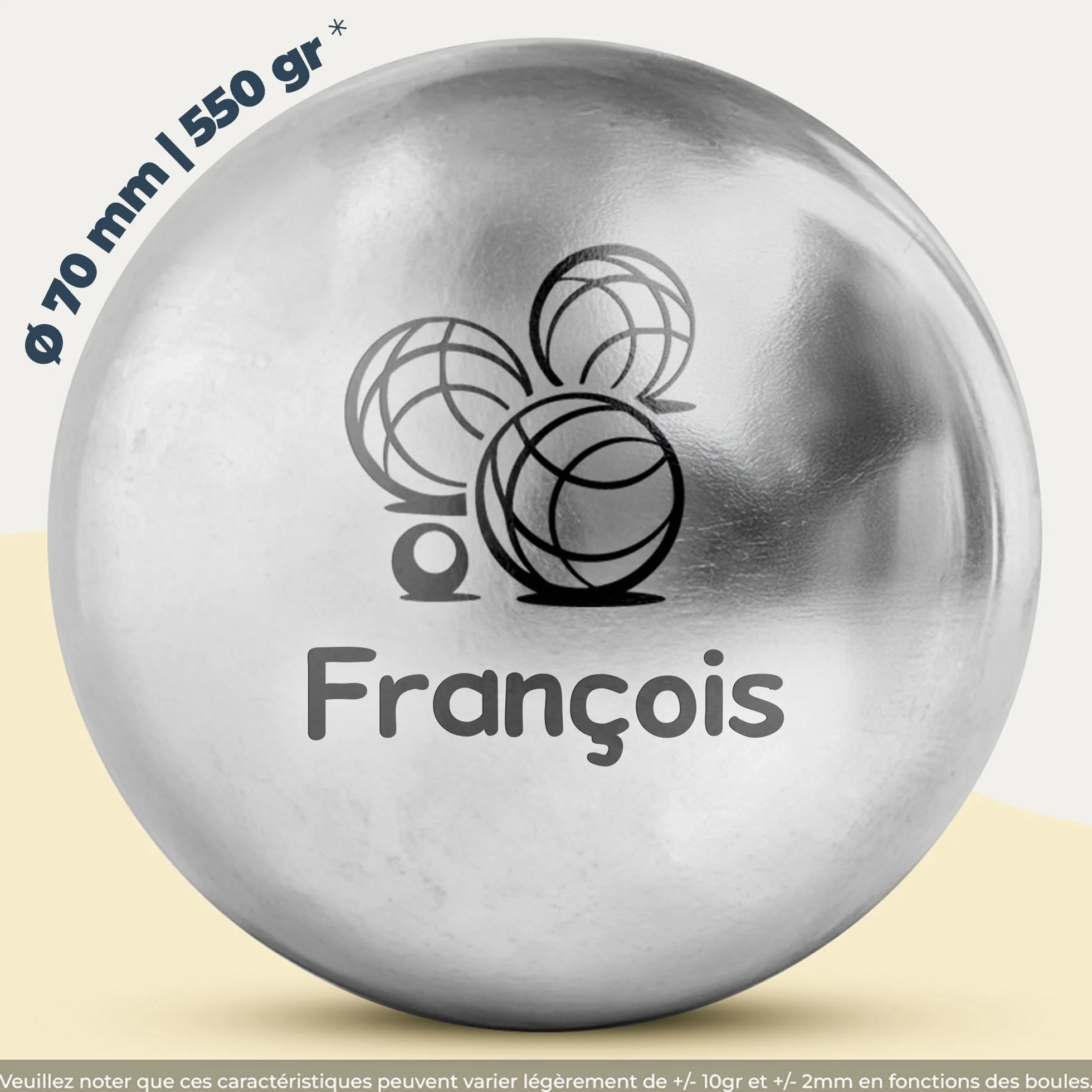 Boule de pétanque personnalisée Triplette 550g gravée - Lot de 3 Boules et 1 cochonnet