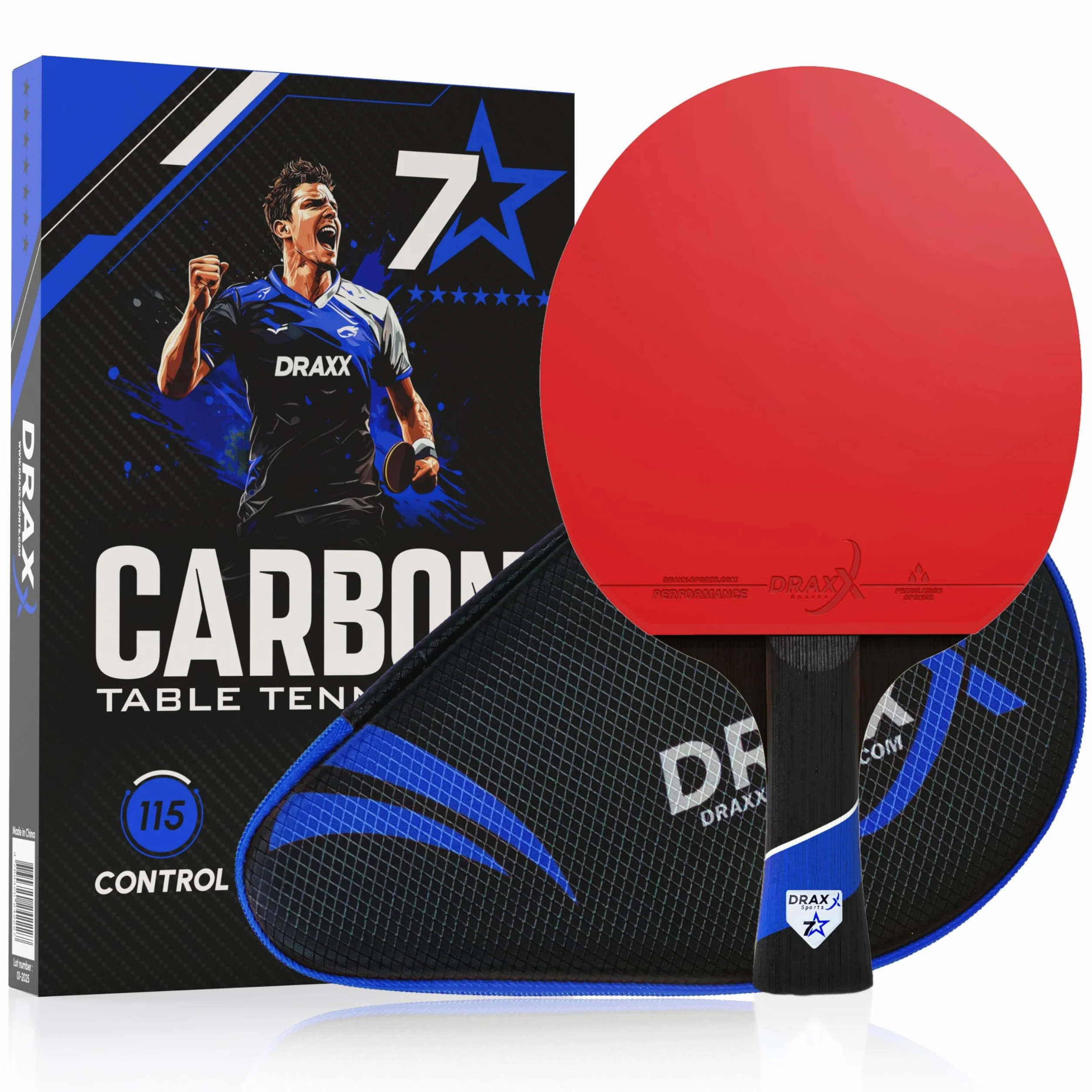 Raquette de Ping Pong 7 Étoiles Carbone Pro Ultra-Légère Éponge 2mm Housse Offerte