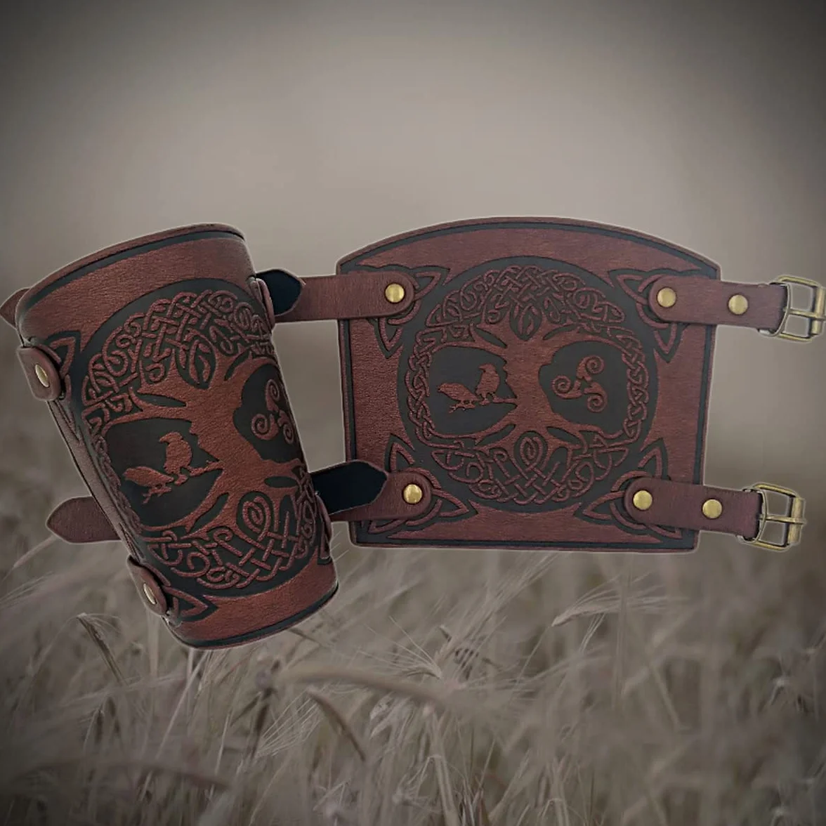 Brassards Viking en Cuir PU Gaufré Arbre du Monde, Garde-Poignet Médiéval Fait à la Main