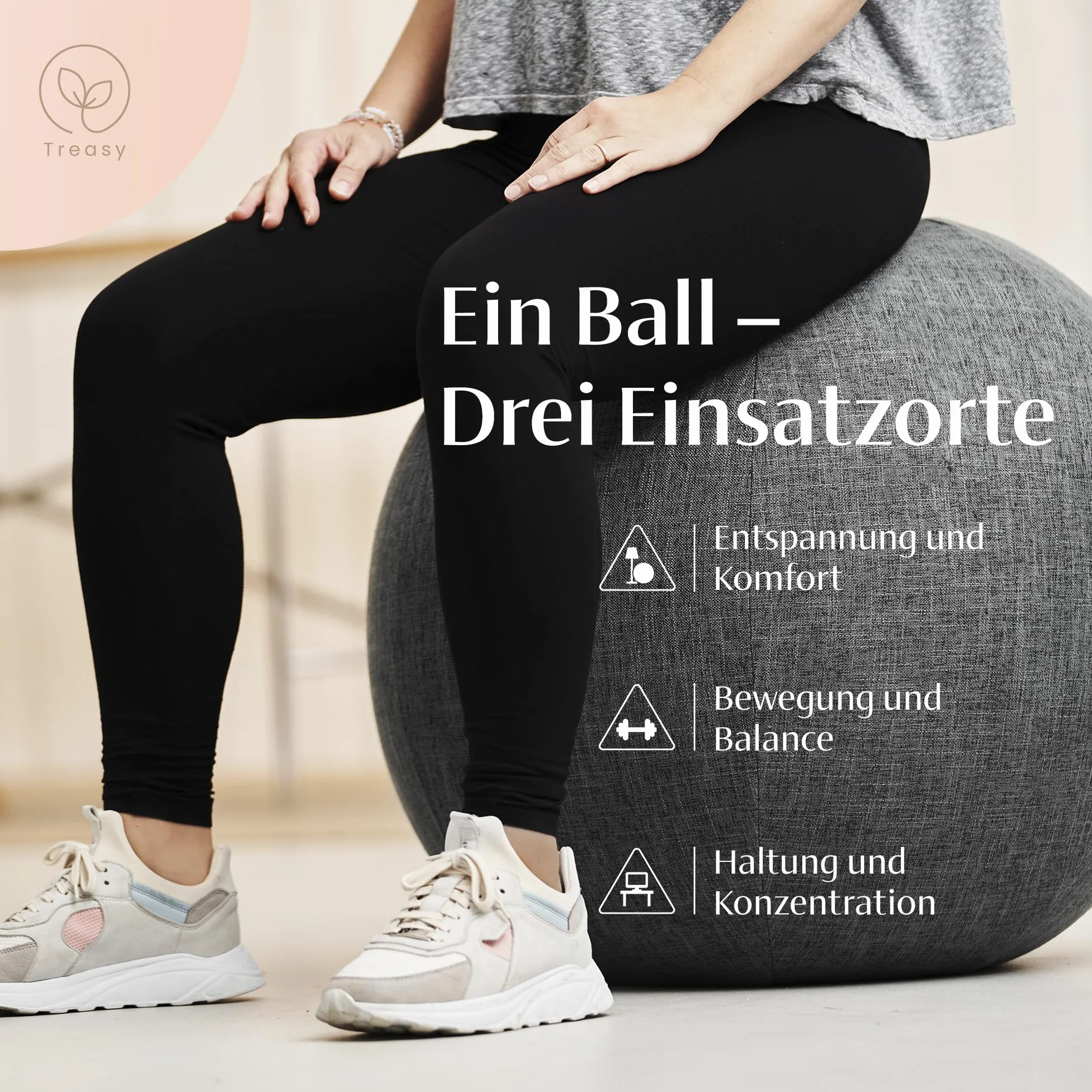 Ballon de siège Treasy 60-65 cm avec housse, ballon d'exercice ergonomique, fitness avec poignée