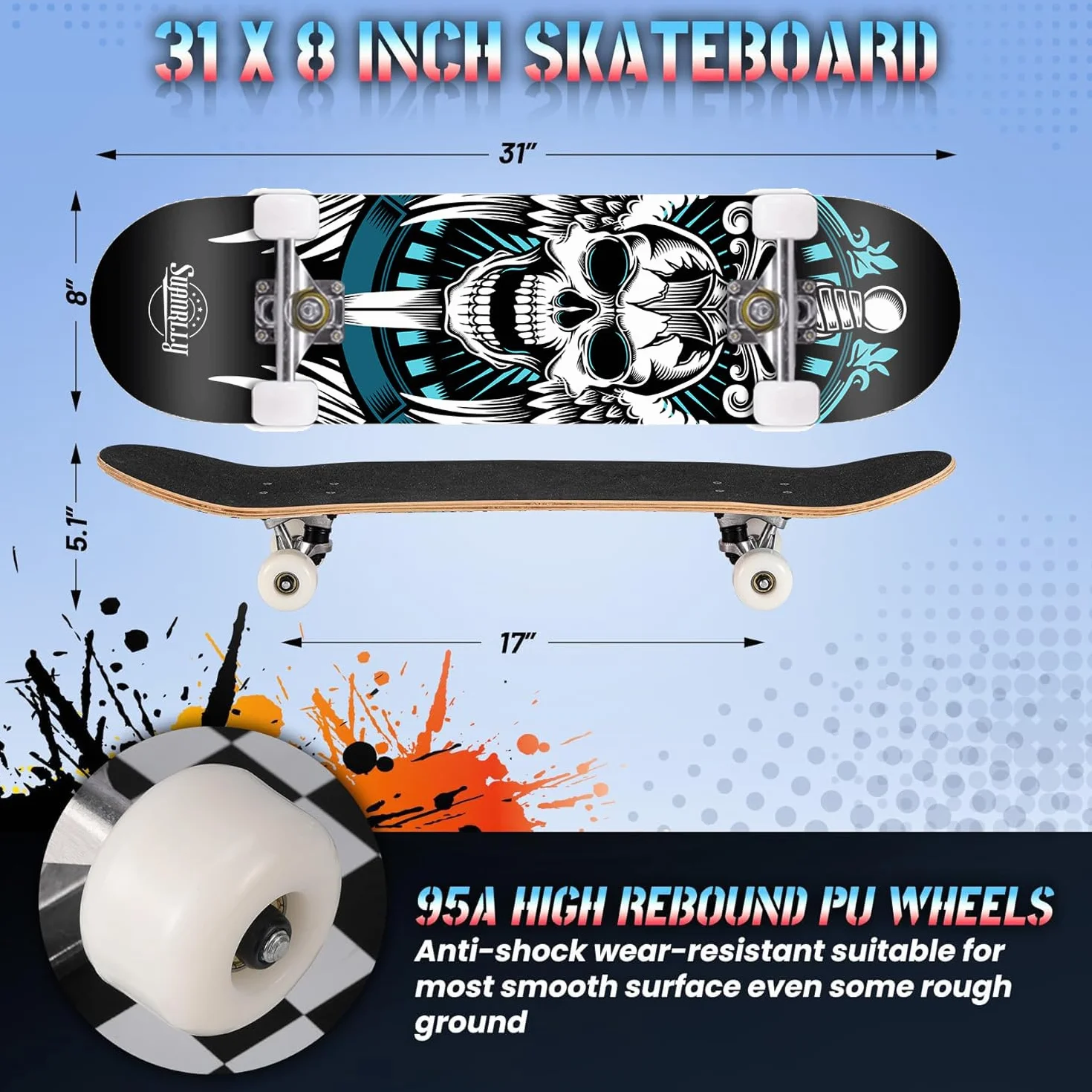Skateboard Adulte Trick Skate Board pour Débutant Cadeau d'anniversaire Enfants Adolescent