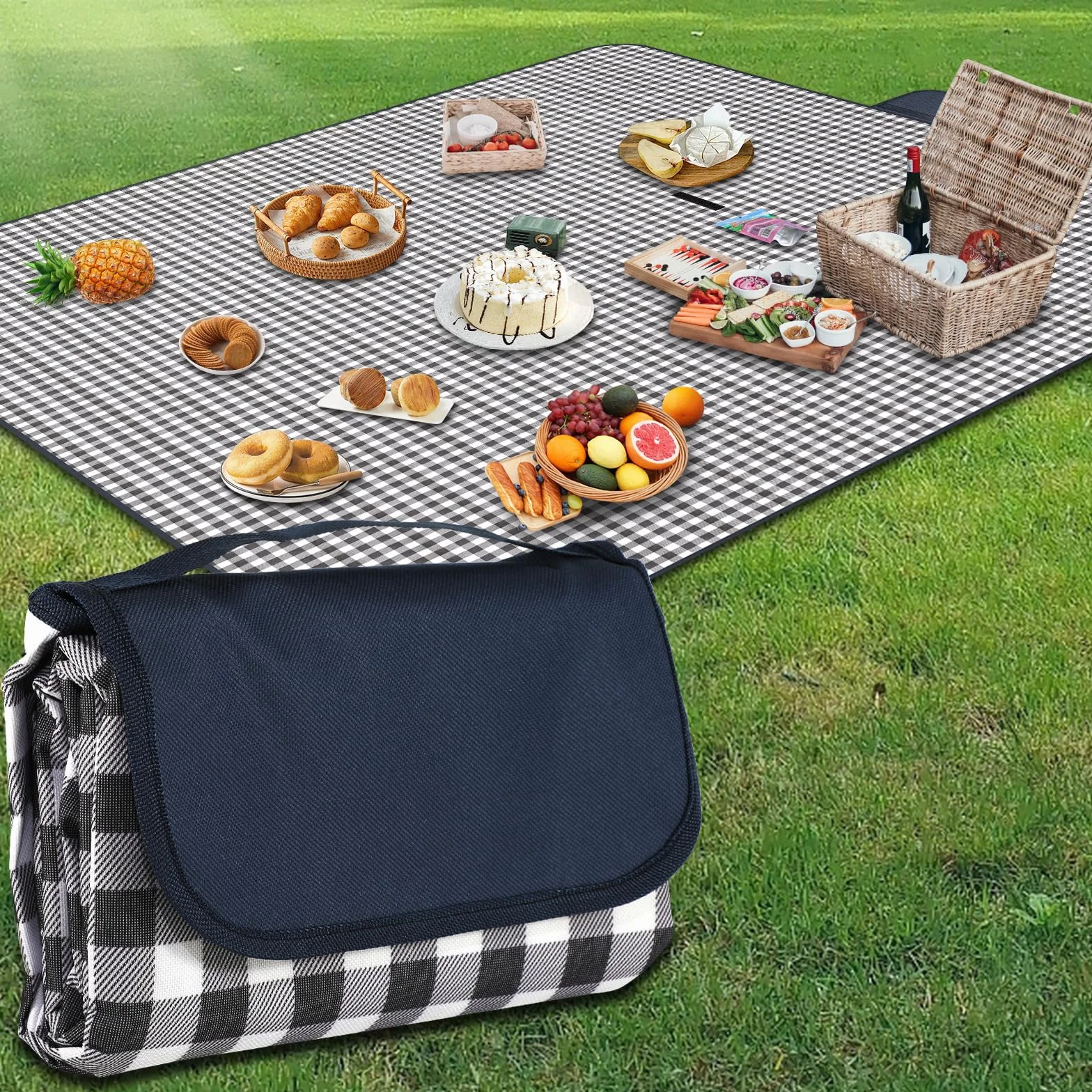 Grande couverture de pique-nique imperméable 200x300 cm pliable avec poignée lavable en machine (grille bleue)