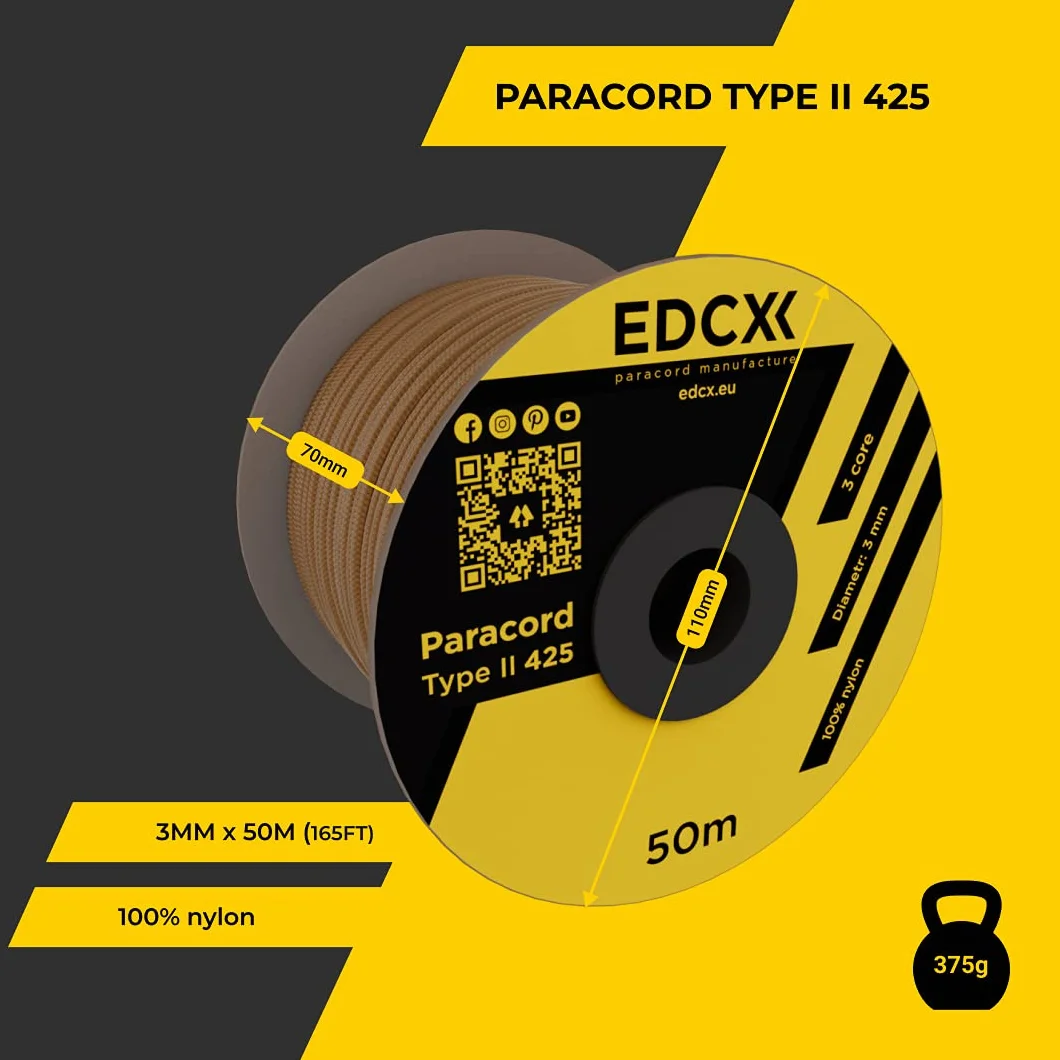 3 mm Nylon Paracord Type II 100% Nylon Rope 3 Strand 50 m Coyote Brown