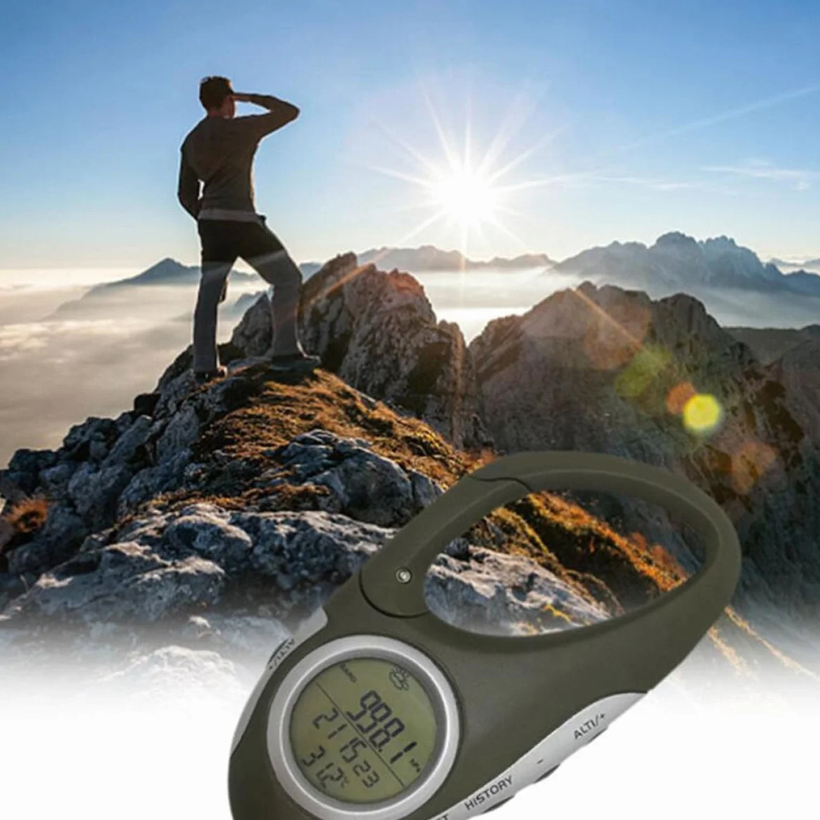 Altimètre Baromètre Thermomètre à Mousqueton Vert ABS Portable Mesure Pression Atmosphérique Altitude Randonnée