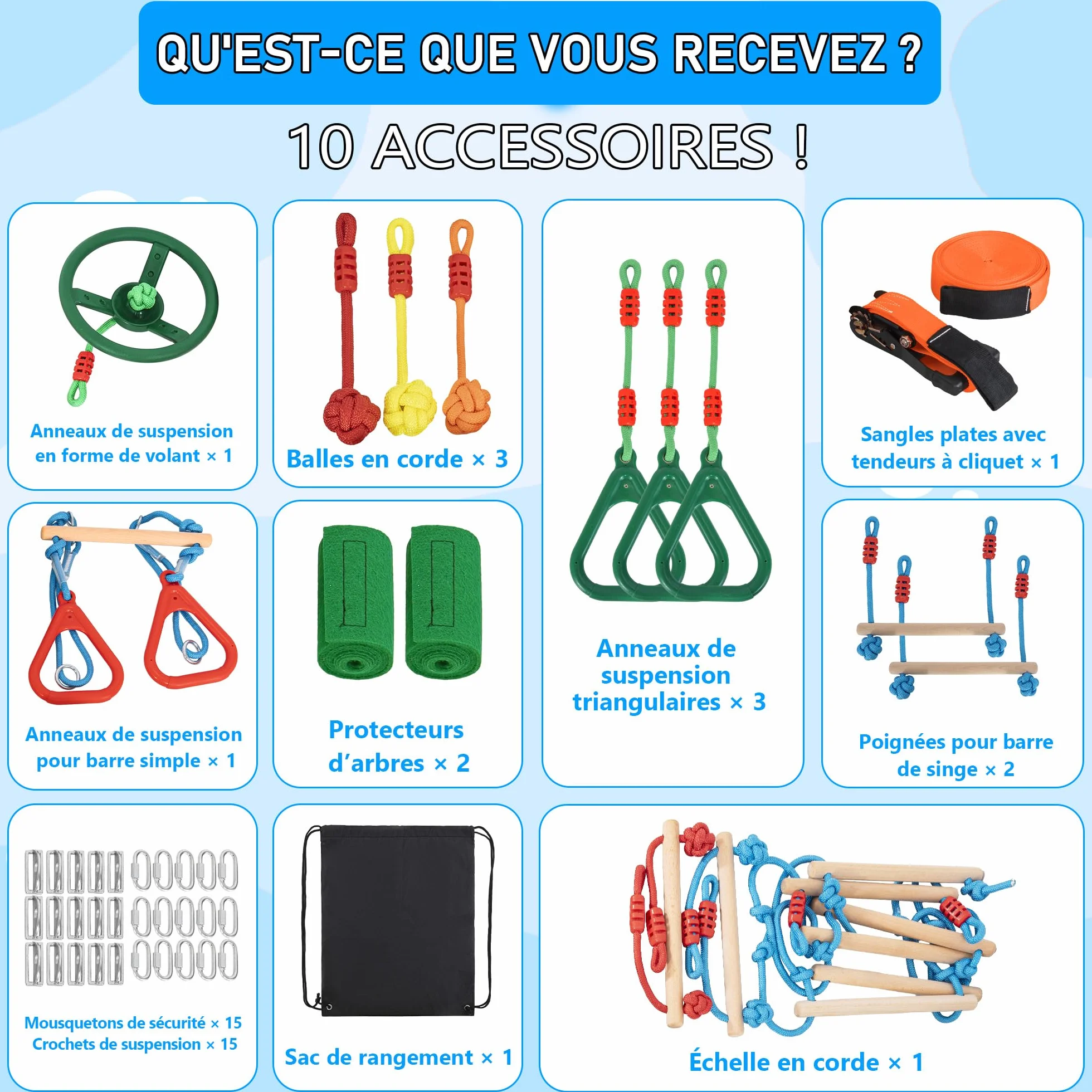 Slackline Kit pour Enfants 15M Ninja Parcours d'obstacles avec Échelles et Accessoires