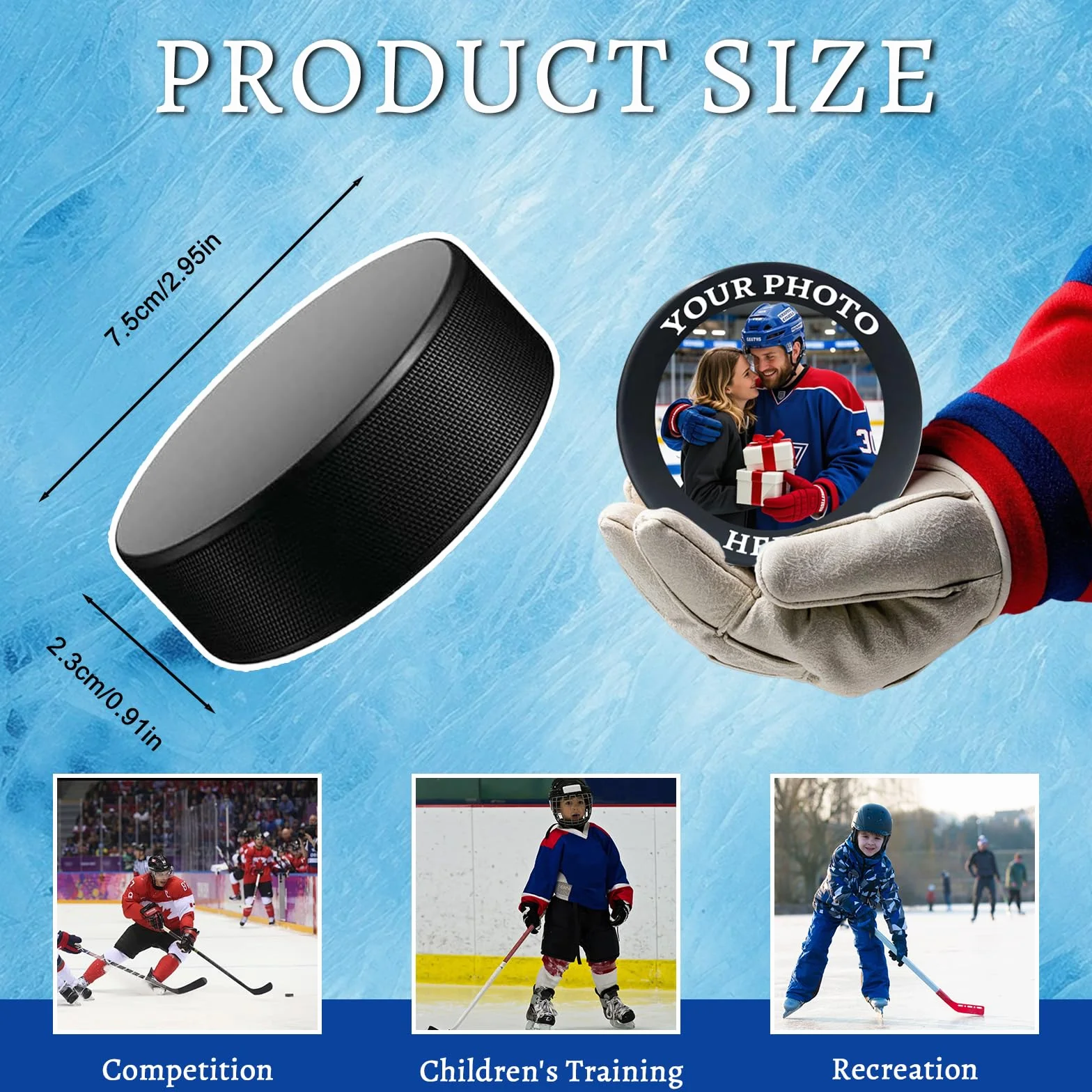 Hockey Puck Personnalisé avec Photo et Logo - Cadeau pour Fans Hommes Garçons Papa Entraîneur