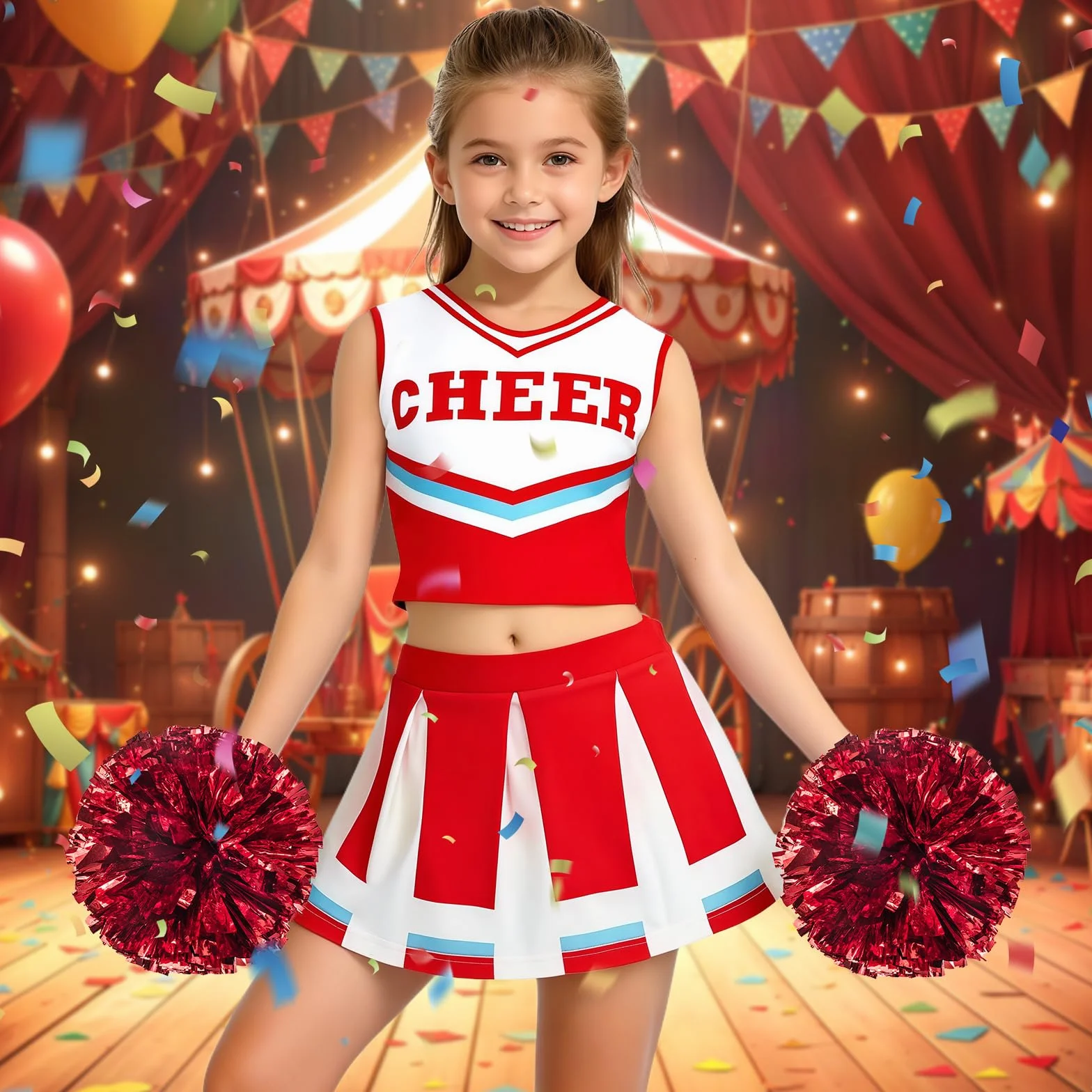 Luckyou Costume De Cheerleader Pompom Uniforme avec Pompoms Chaussettes Halloween Mascarade Carnaval