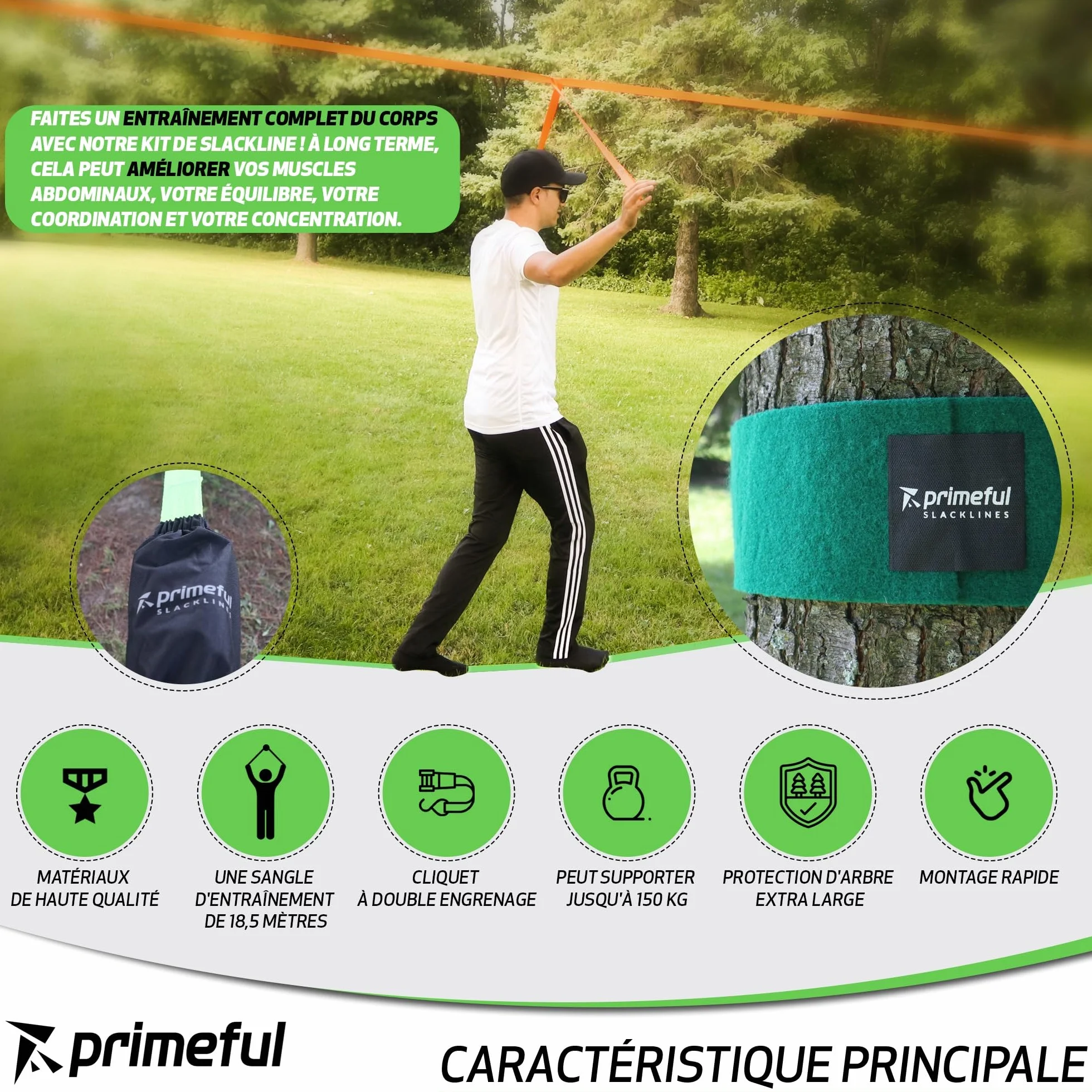 Slackline Kit Complet 18.5m pour Adultes Débutants Confirmés avec Sac de Transport Sangle à Cliquet Protection Arbre