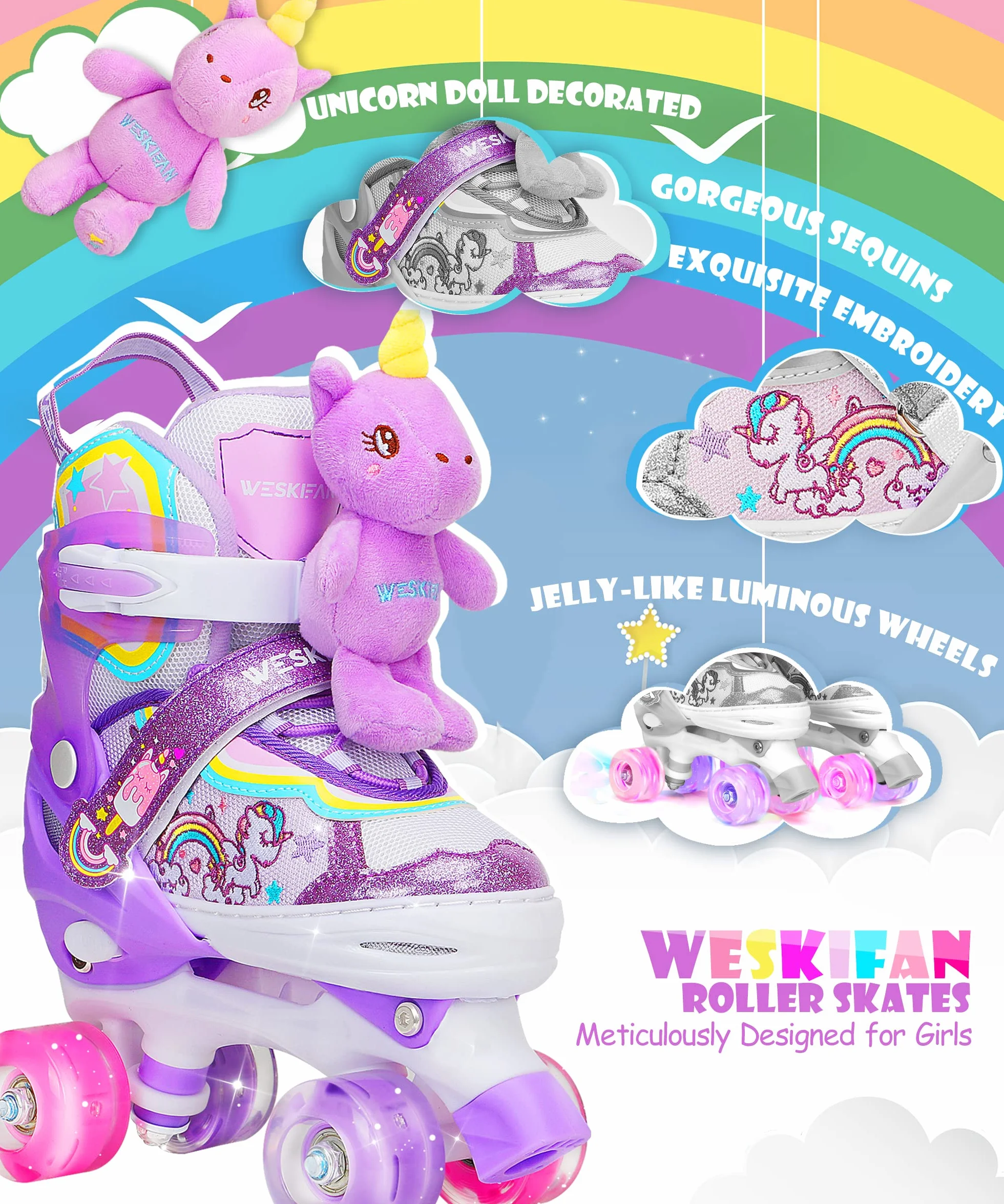 Patins à roulettes Enfant Licorne Roller Quad Ajustable avec Roues Lumineuses Taille Réglable Filles