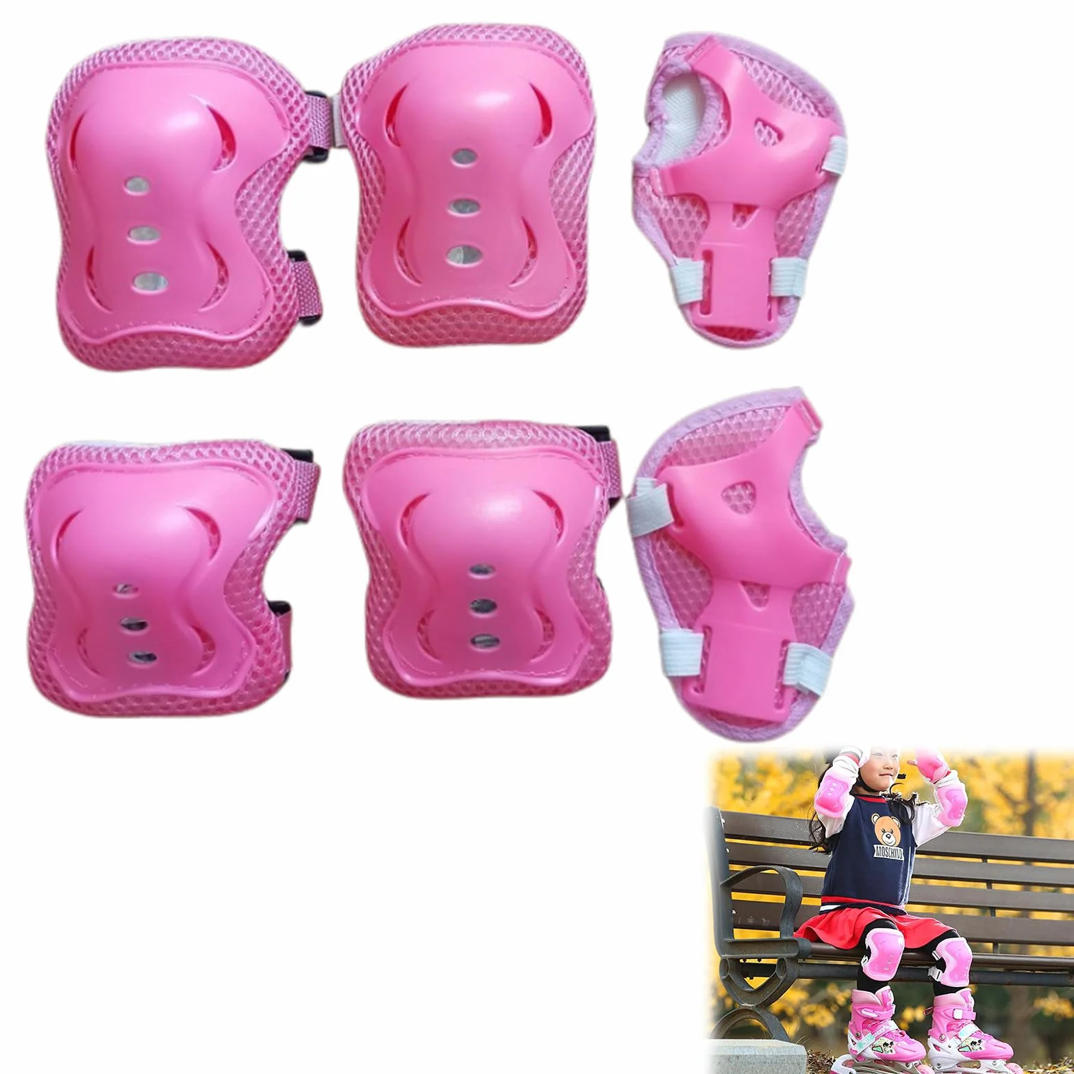 Kit de Protection Enfant 6 Pièces Réglable 3-12 Ans Roller Vélo Skateboard Rose