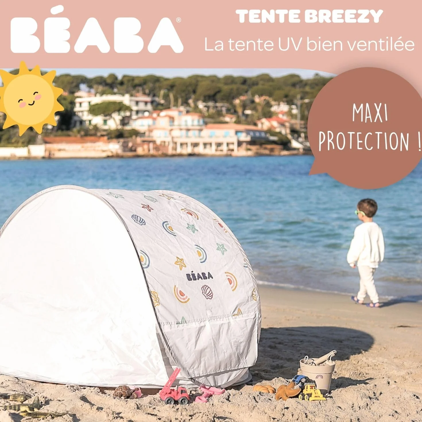 BÉABA Tente de Plage Anti UV Bébé UPF50+ Protection Solaire Pop-UP avec Ventilation 360° Moustiquaire