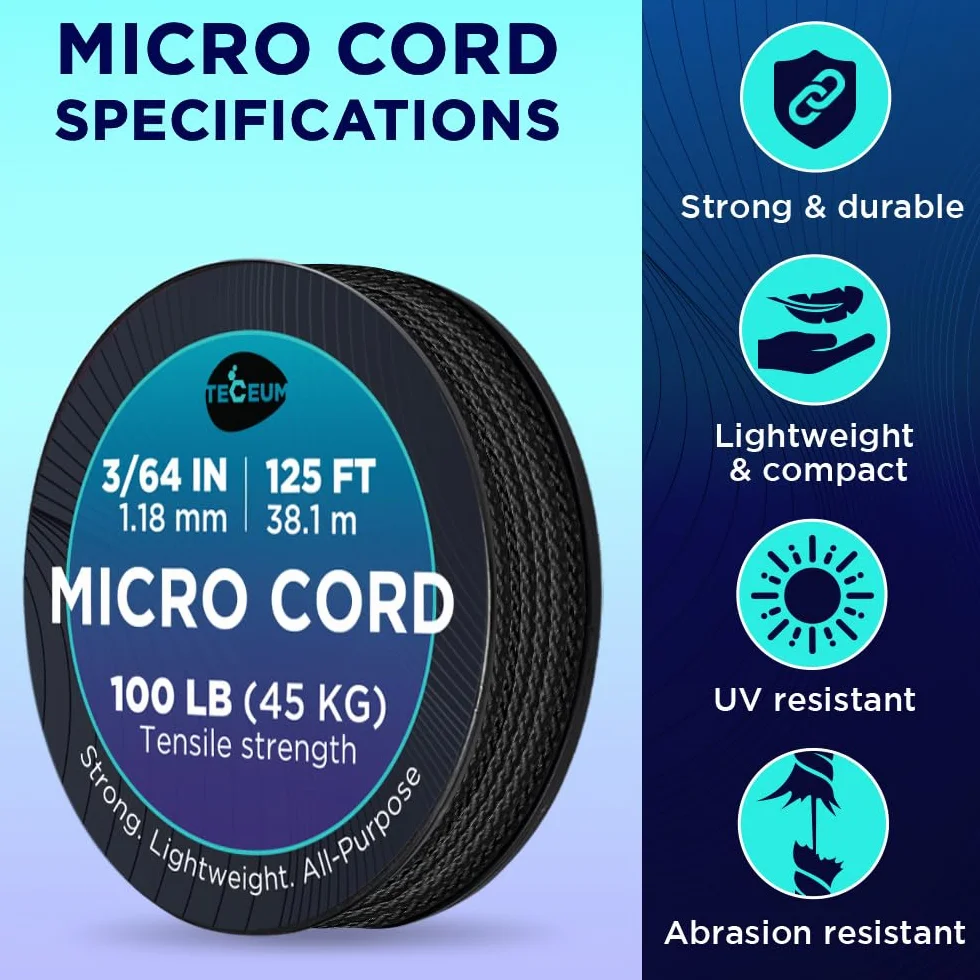 TECEUM Micro Paracord Noir 1.18 mm x 38.1 m Corde Utilitaire Tressée Nylon Polyester Fil Survie Solide