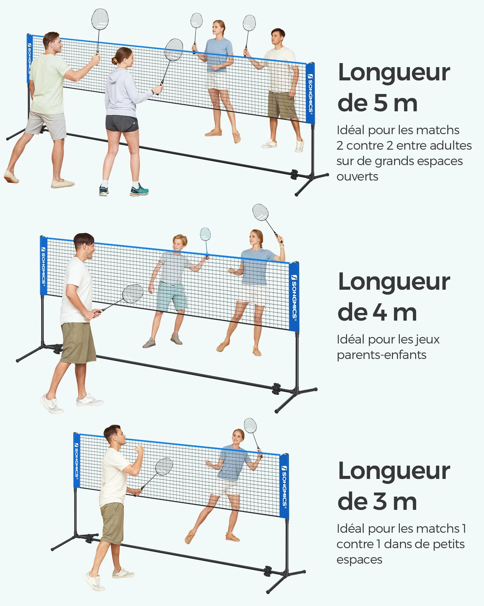 SONGMICS Filet de Badminton 3 m, Hauteur réglable, Ensemble Portable pour Volley-Ball