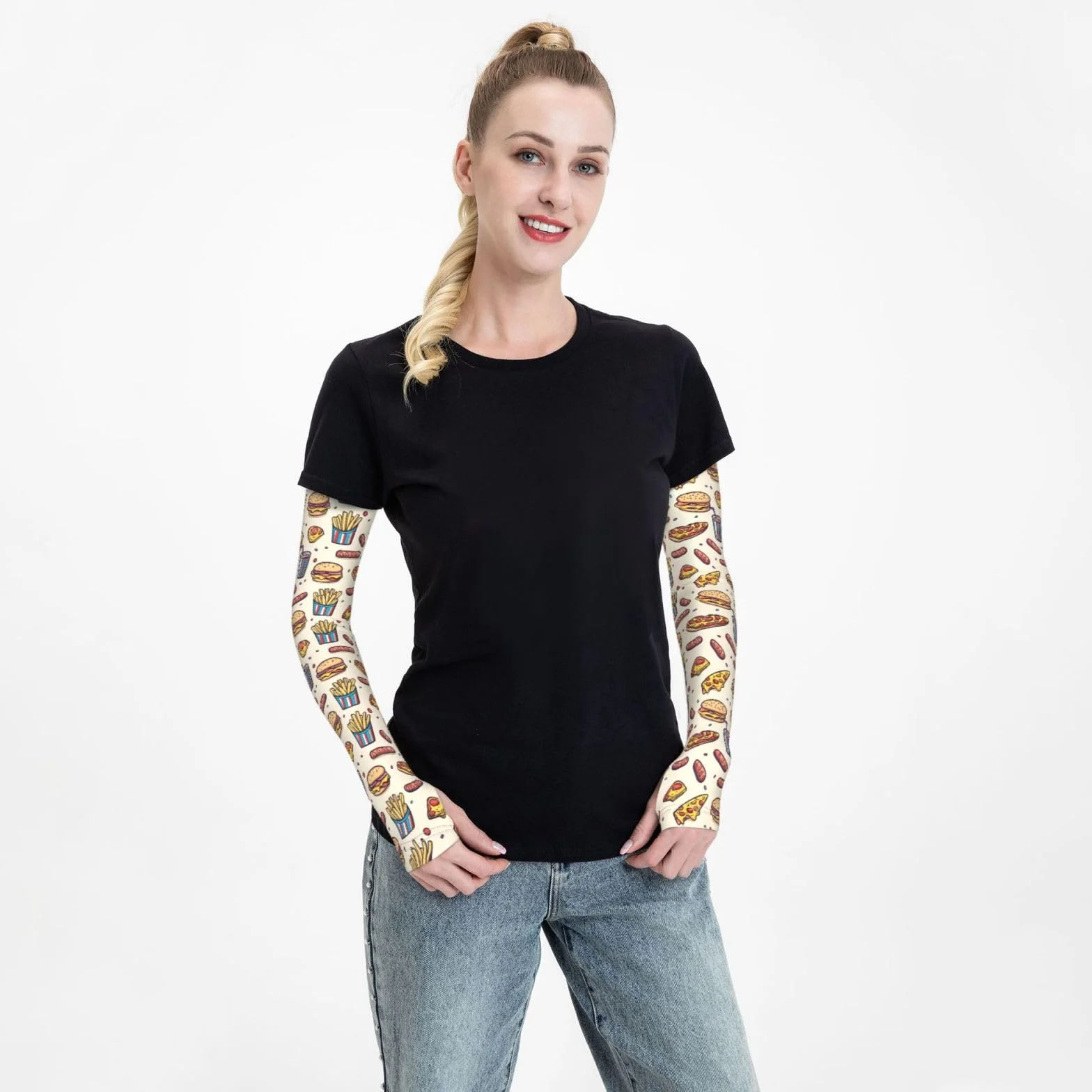 Manchons de bras imprimés protection solaire manches rafraîchissantes pour hamburger pizza frites volleyball homme femme