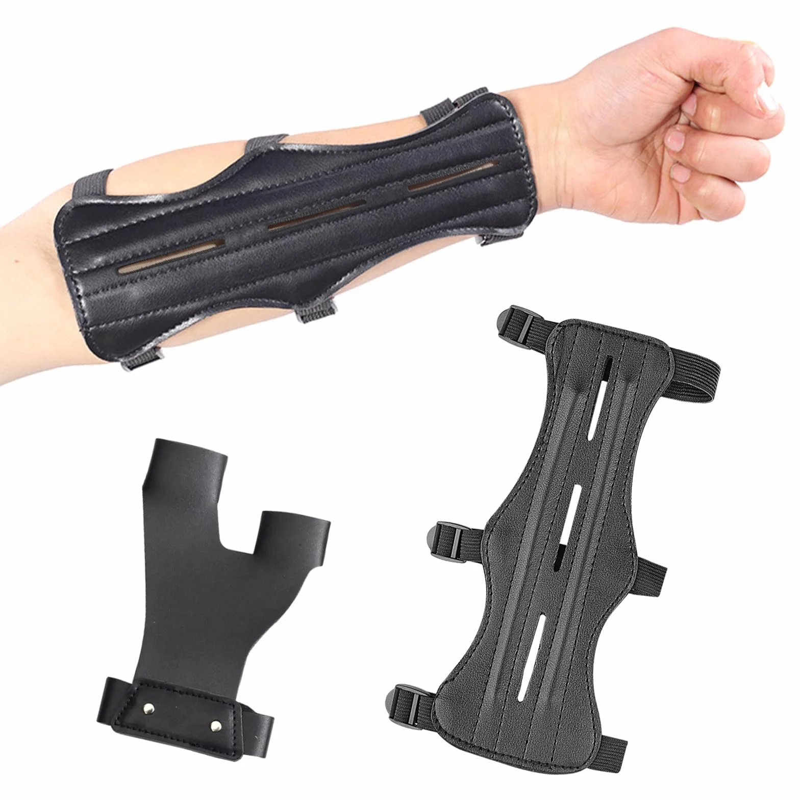 Set Protège Bras de Tir à l'Arc en Cuir PU Garde de Bras Noir Protection d'Avant-Bras avec Sangles Réglable et Protège Doigts pour Arc Classique Arc Composé