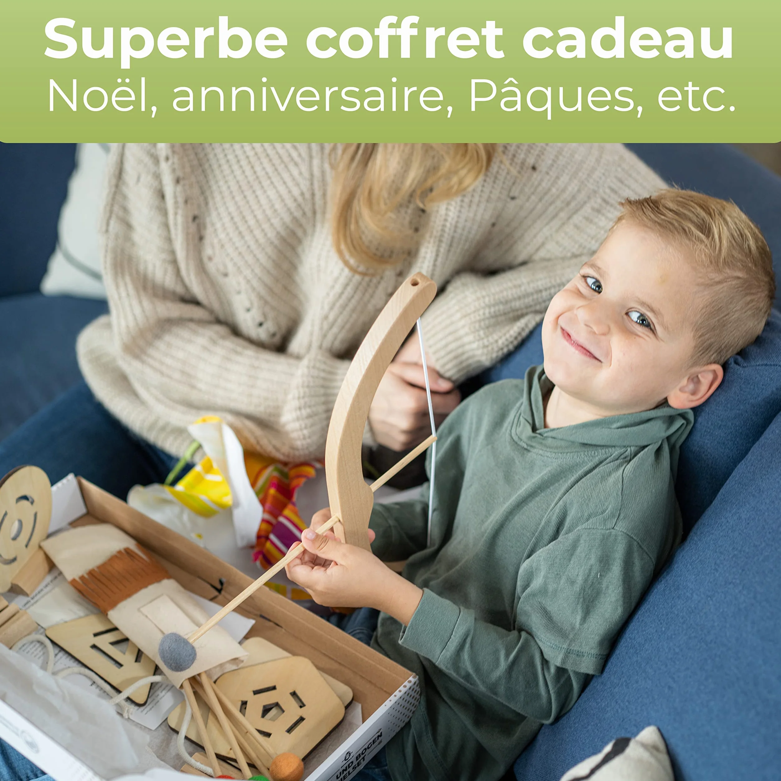 BOWRILLA® Arc et Flèches Enfant en Bois avec 5 Flèches, 4 Cibles et 1 Carquois | 3 LB Tir à l'arc pour Enfant
