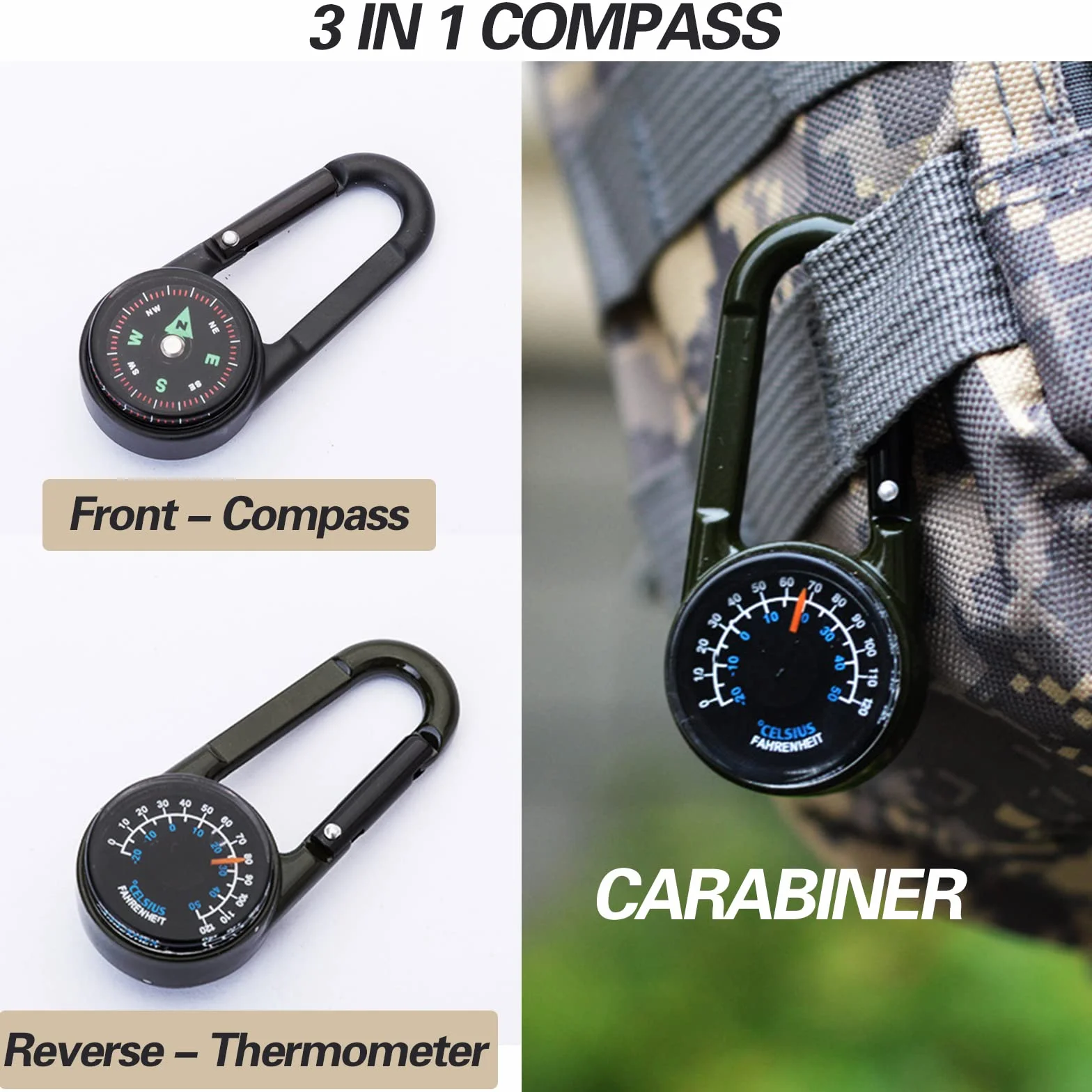 Boussole 3 en 1 avec mousqueton et thermomètre pour camping randonnée voyage