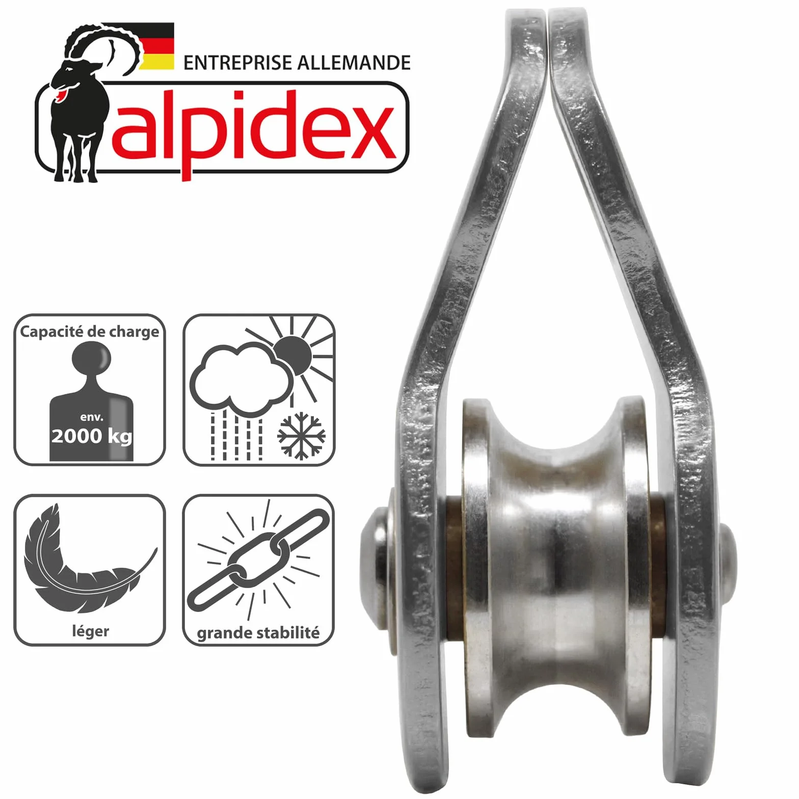 ALPIDEX Poulie de Renvoi 20 kN EN12278 Mobile Pulley Câbles 11 mm Diamètre