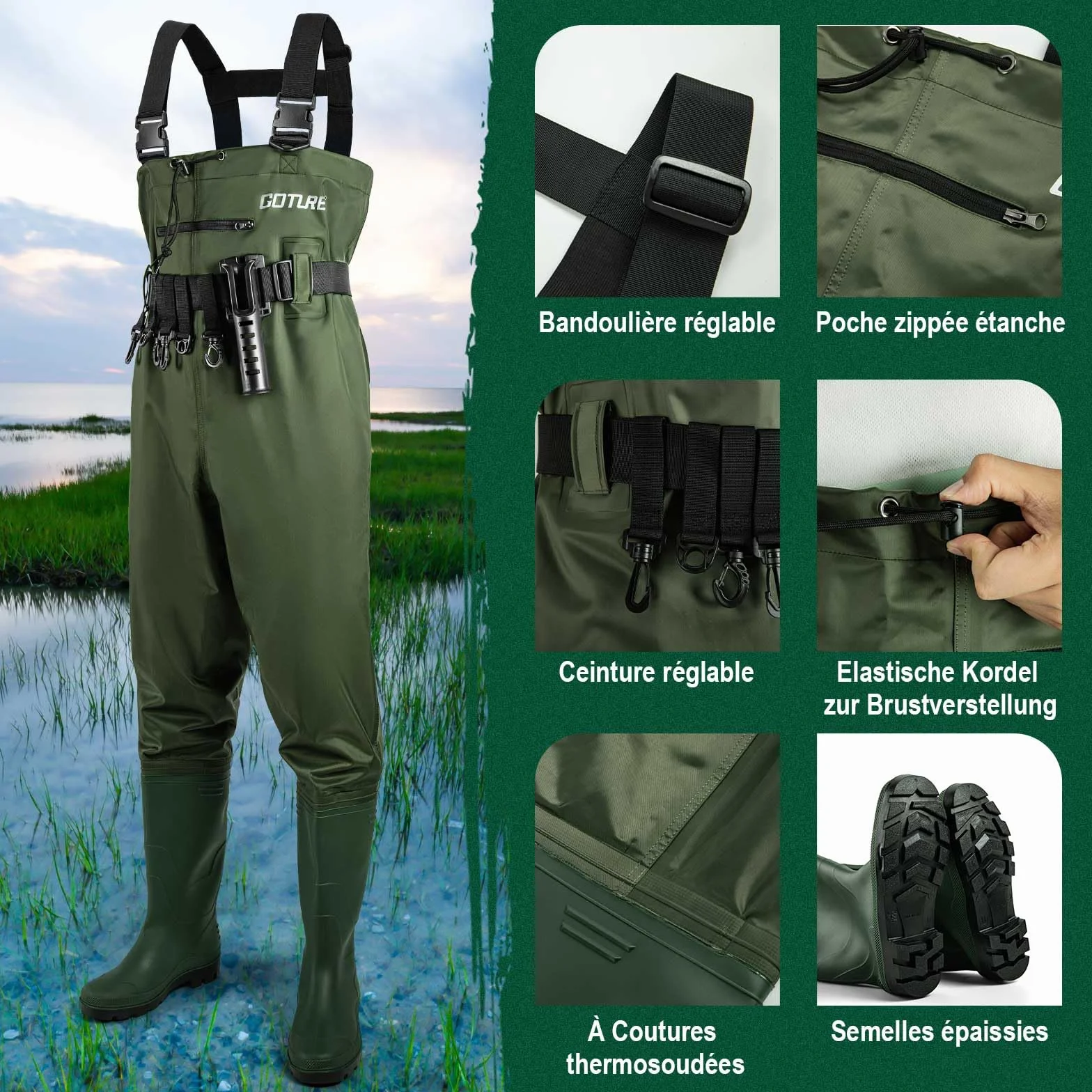 Goture Waders Pêche Homme 70D Nylon étanches avec Poche, Vert