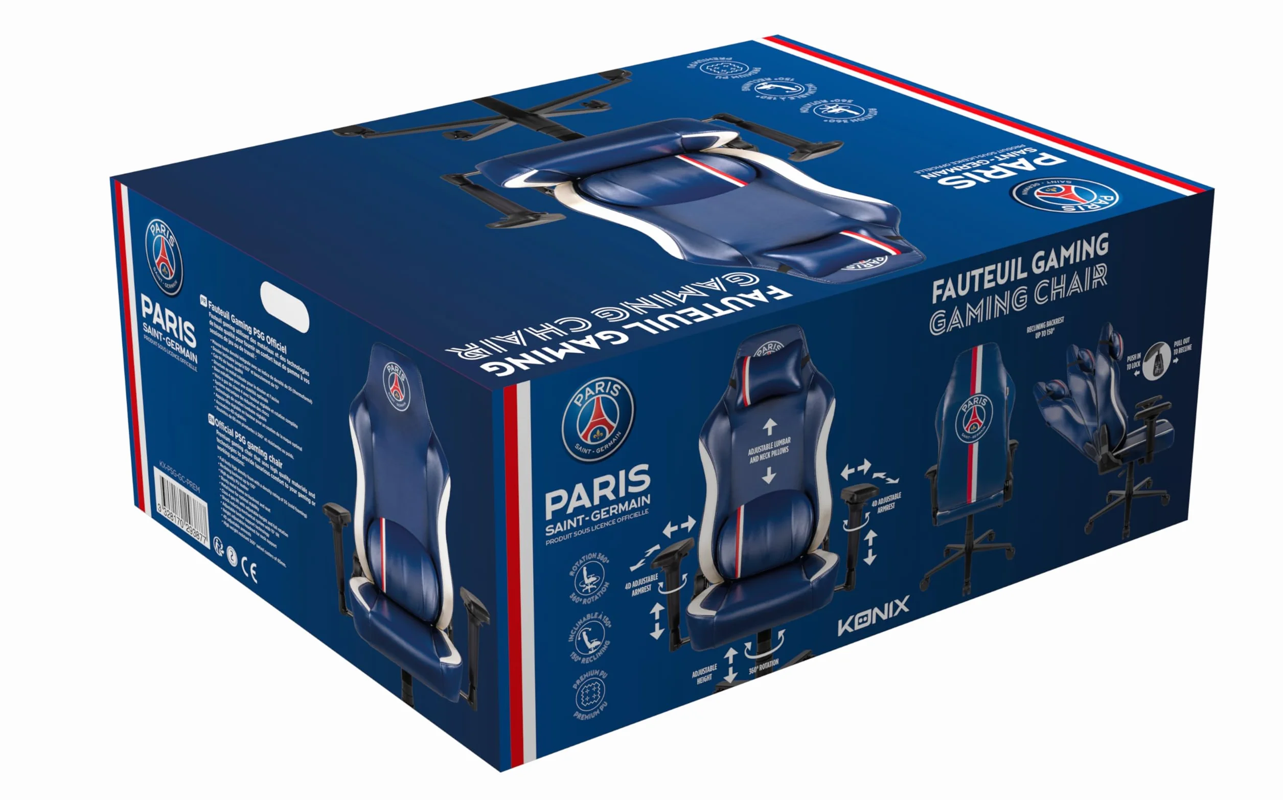 Konix PSG Chaise de Bureau Gaming Premium Inclinaison 150° Cuir Polyuréthane Coussin Lombaire Cervical Réglable Appui Tête Bleu