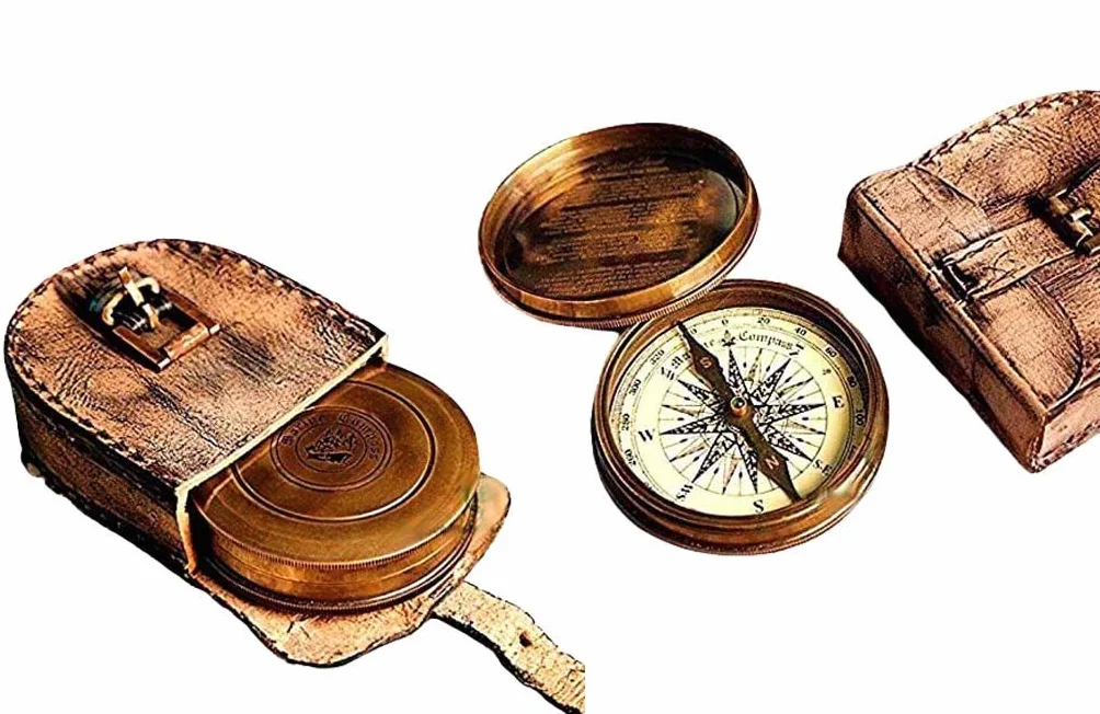 Boussole vintage Robert Frost 6,3 cm étui cuir fait main