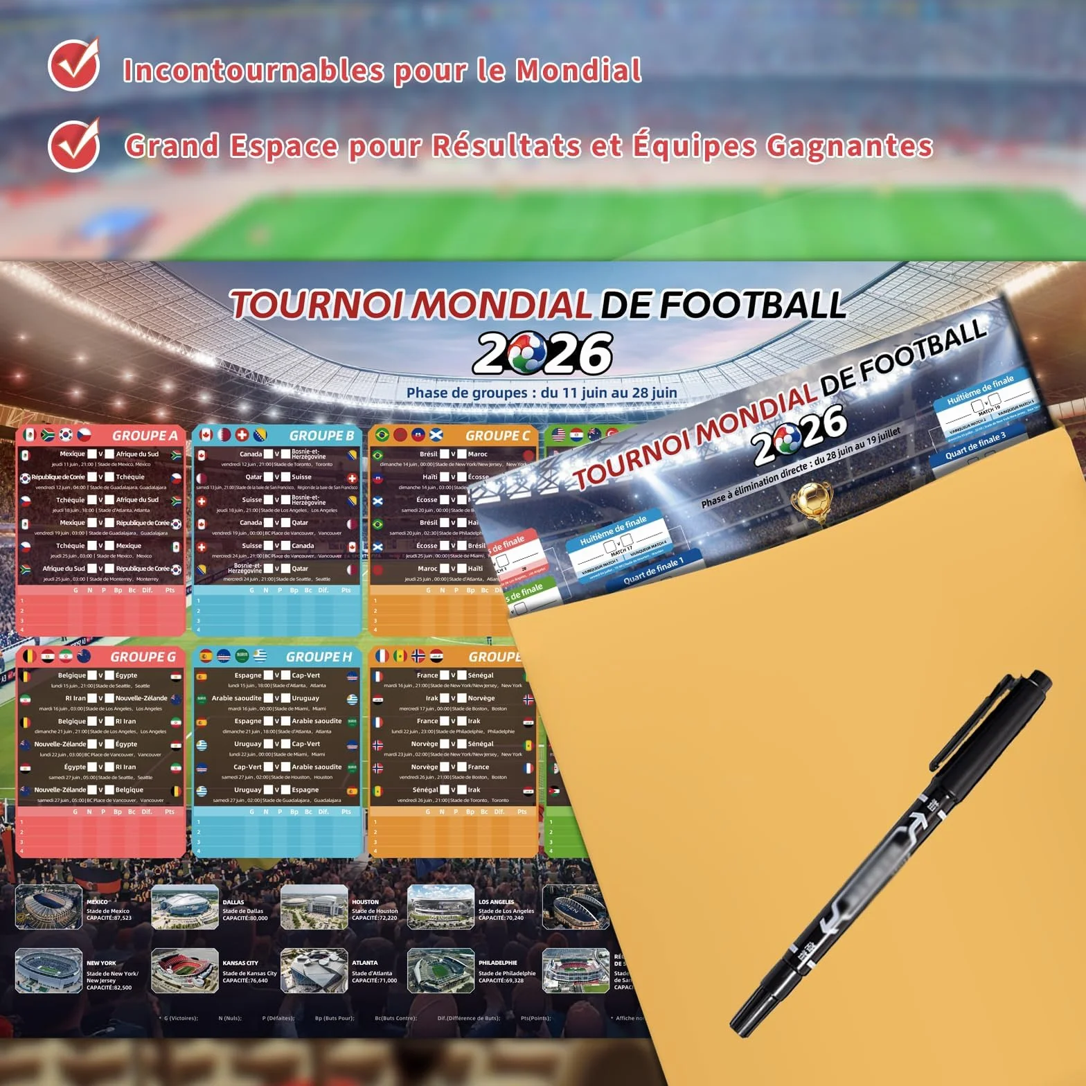 AhfuLife Calendrier Coupe du Monde de Football 2026 A2 Poster 48 Équipes Phase de Groupes Résultats Finale 42x59,4 cm