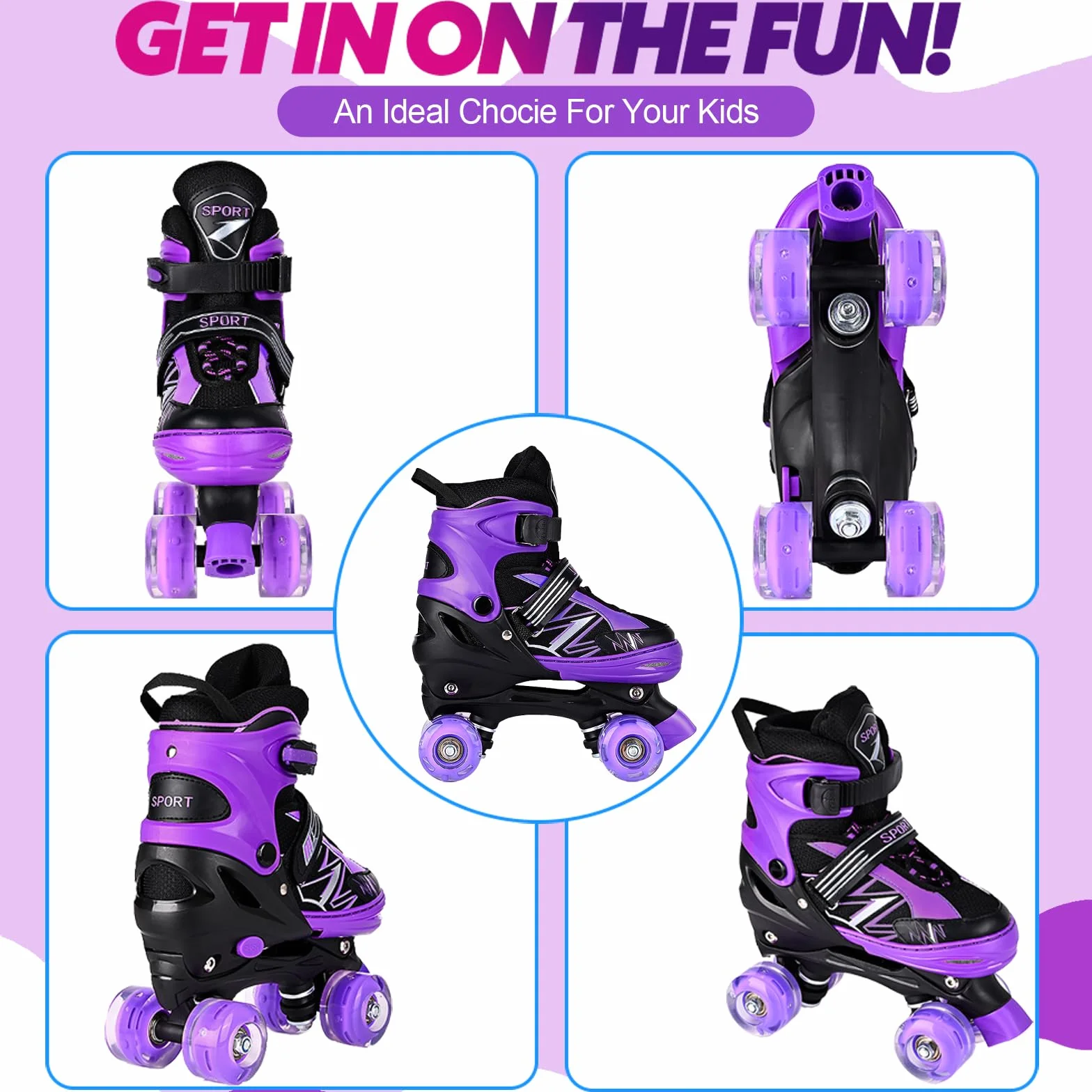 Patins à roulettes Enfants 4 Tailles réglables Roues Lumineuses Violet Blanc Quad Sport