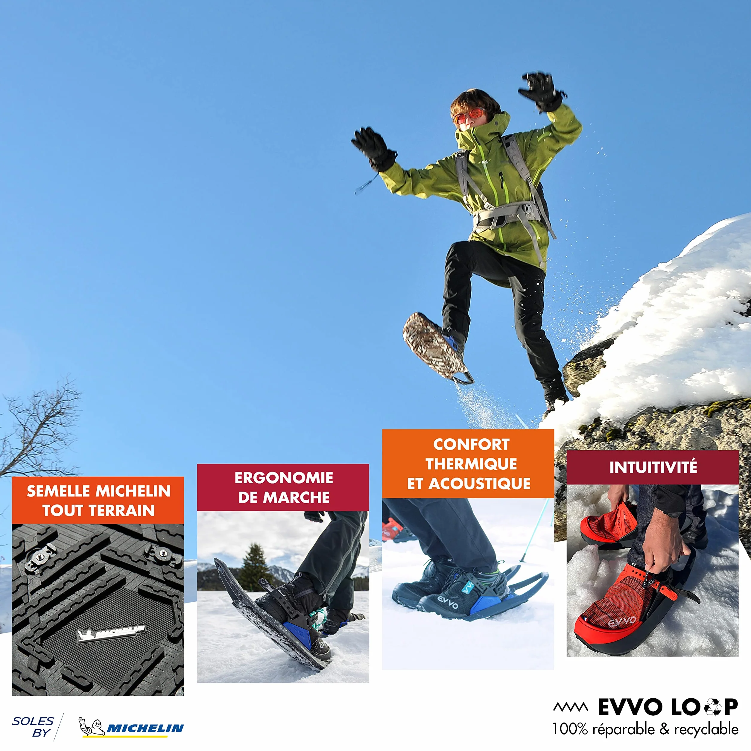 EVVO Raquette à Neige Originale Made in France Semelles Cloutées Michelin® Fixations Réglables Tout Terrain Randonnée