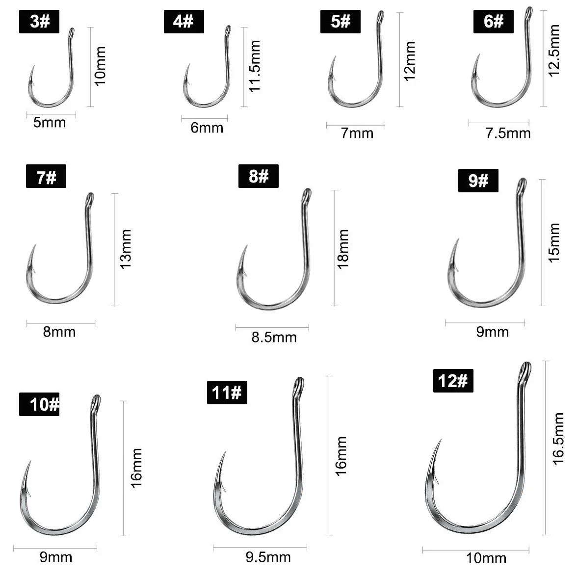 Jinlaili Hameçon de Pêche, 100 PCS Hameçons Barbelés en Acier Carbone, 3# - 12#