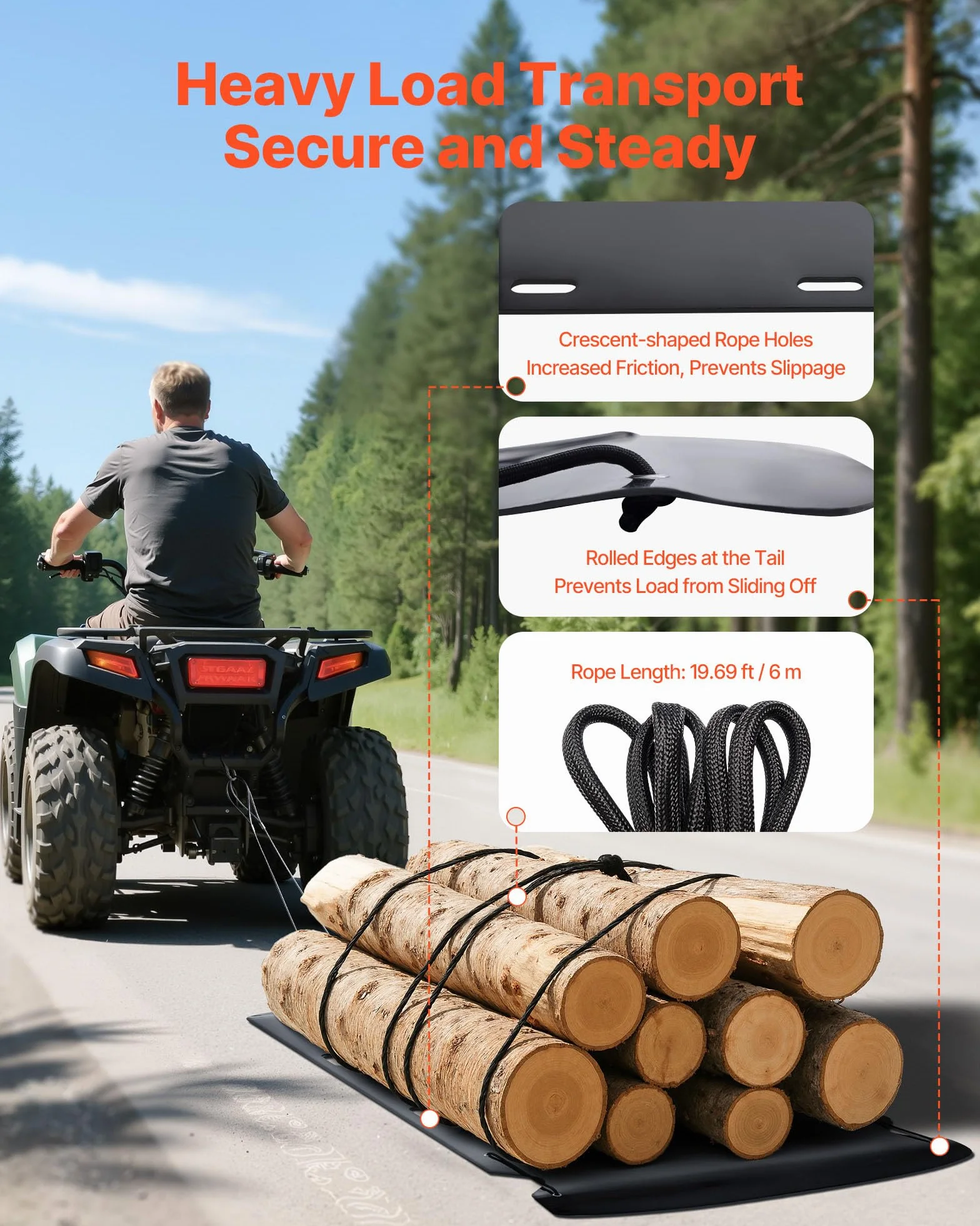 VEVOR Traîneau à Cerfs 230x117,5 cm PEHD 680 kg Traction Manuelle VTT UTV Tracteur