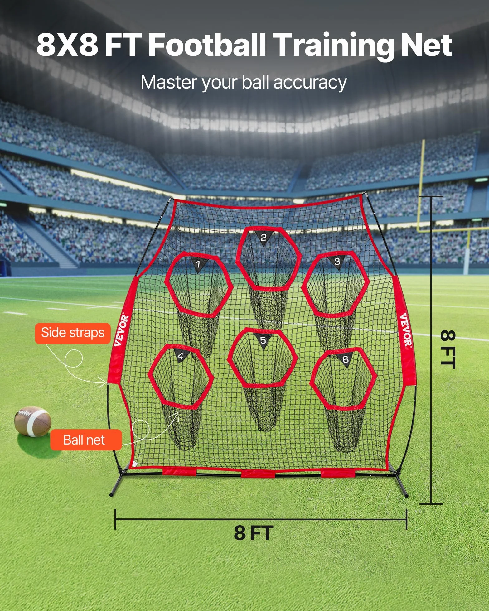 VEVOR Filet d'entraînement football 274 x 243 cm, filet lancer rugby 6 poches cibles, sans nœuds, rouge