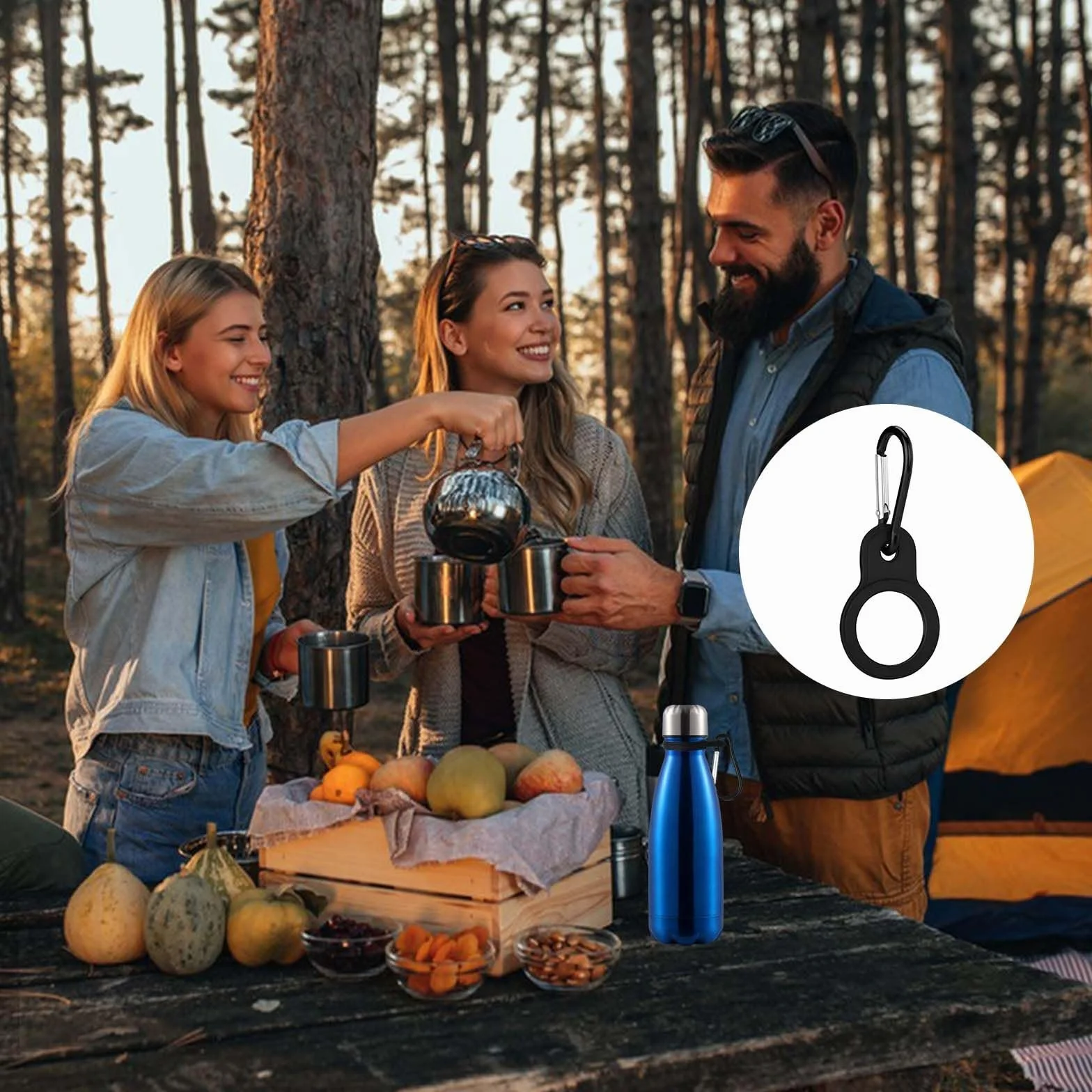 Porte Bouteille en Silicone Noir avec Mousqueton pour Randonnée Camping Voyage
