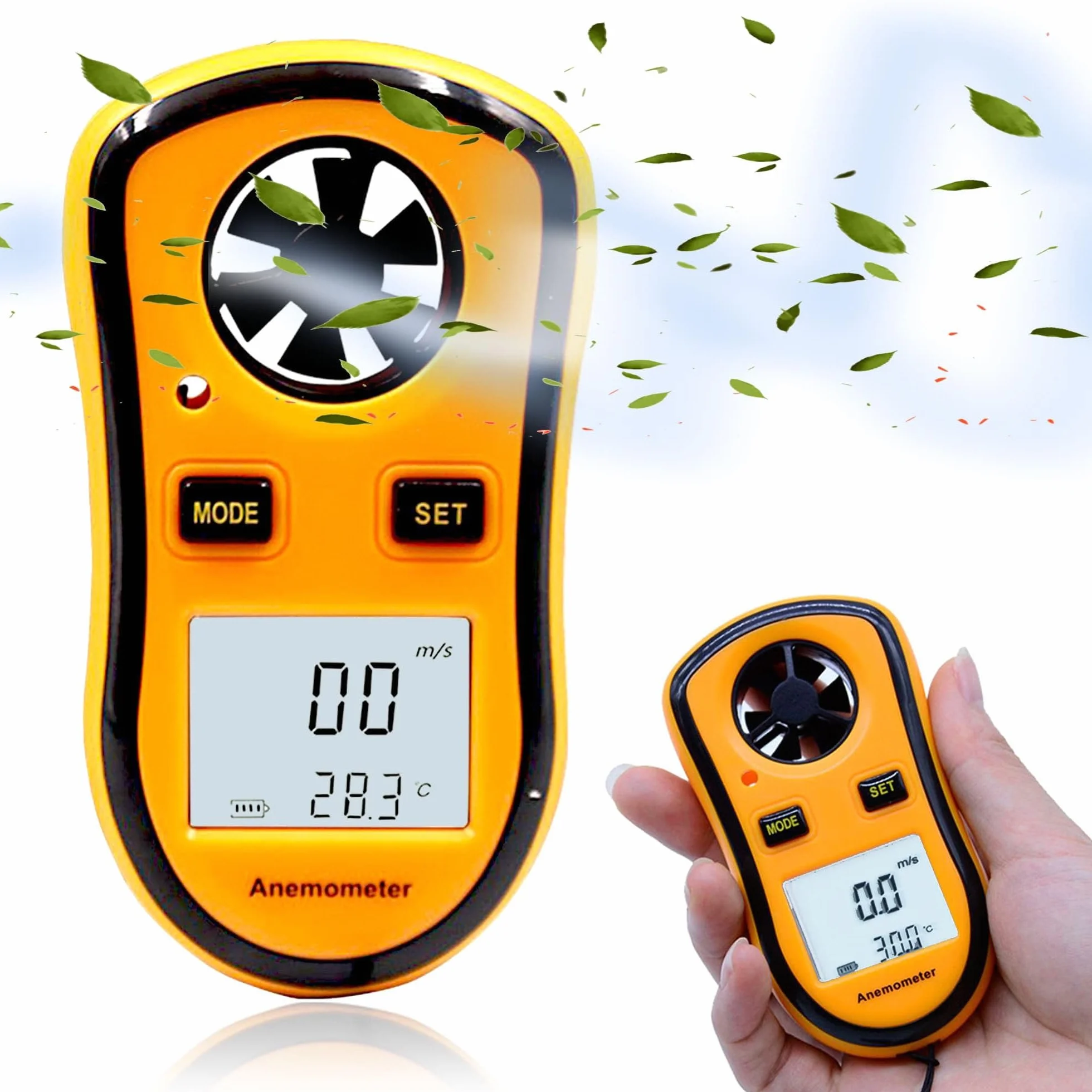 FISHTEC Anémomètre Numérique Portable - Mesure Vitesse Vent actuelle/moyenne/maximale + Température - Ecran LCD rétroéclairé
