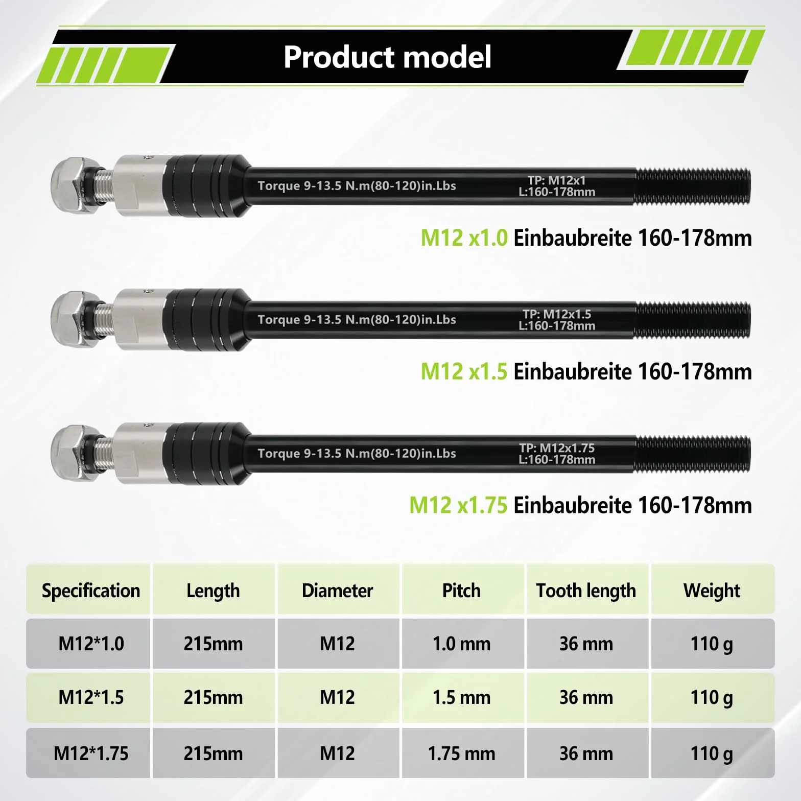 Adaptateur d'essieu traversant M12 160-178 mm longueur de tige réglable pour remorque de vélo