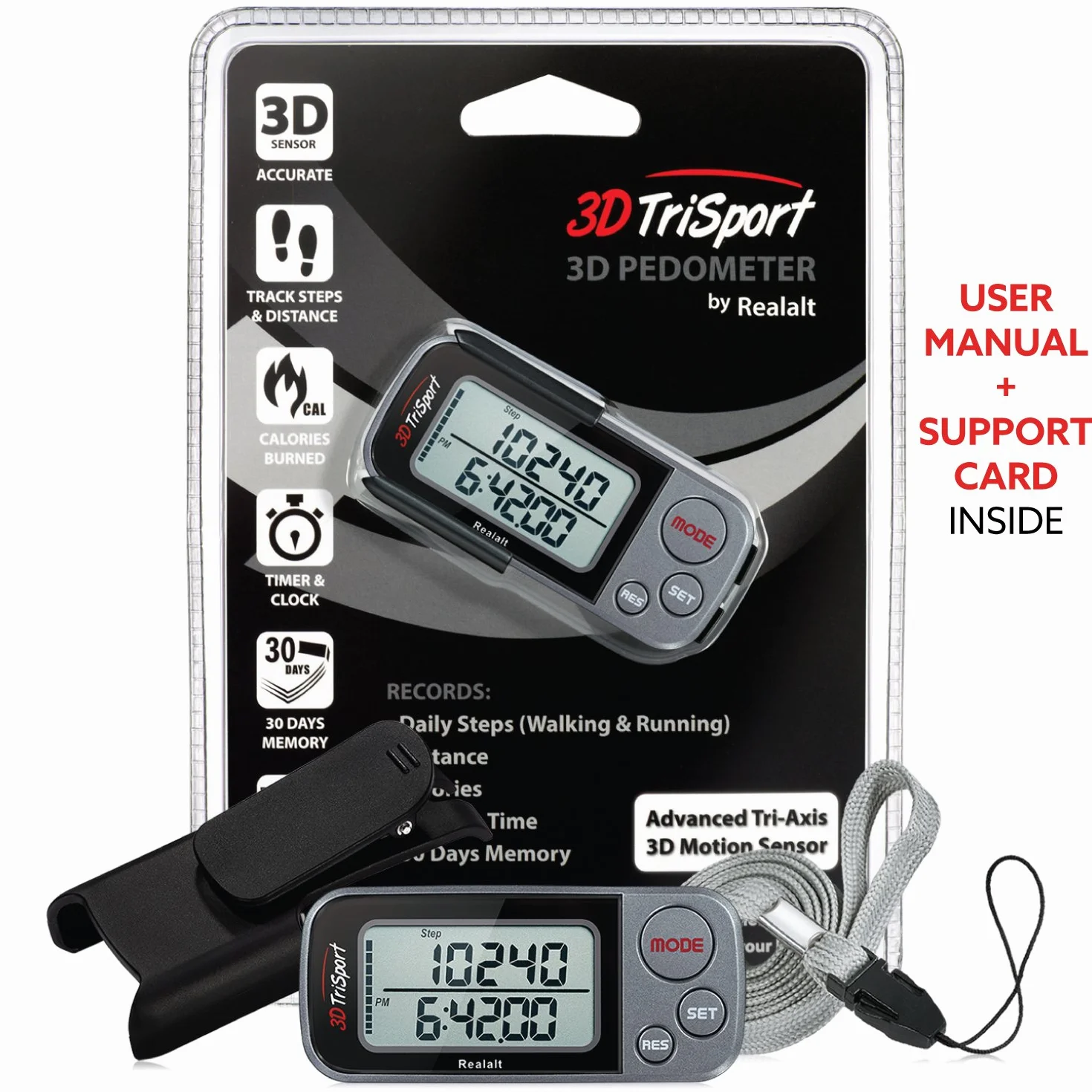 Realalt 3DTriSport 3D Pedometer, Accurate Step Counter with Clip and Strap