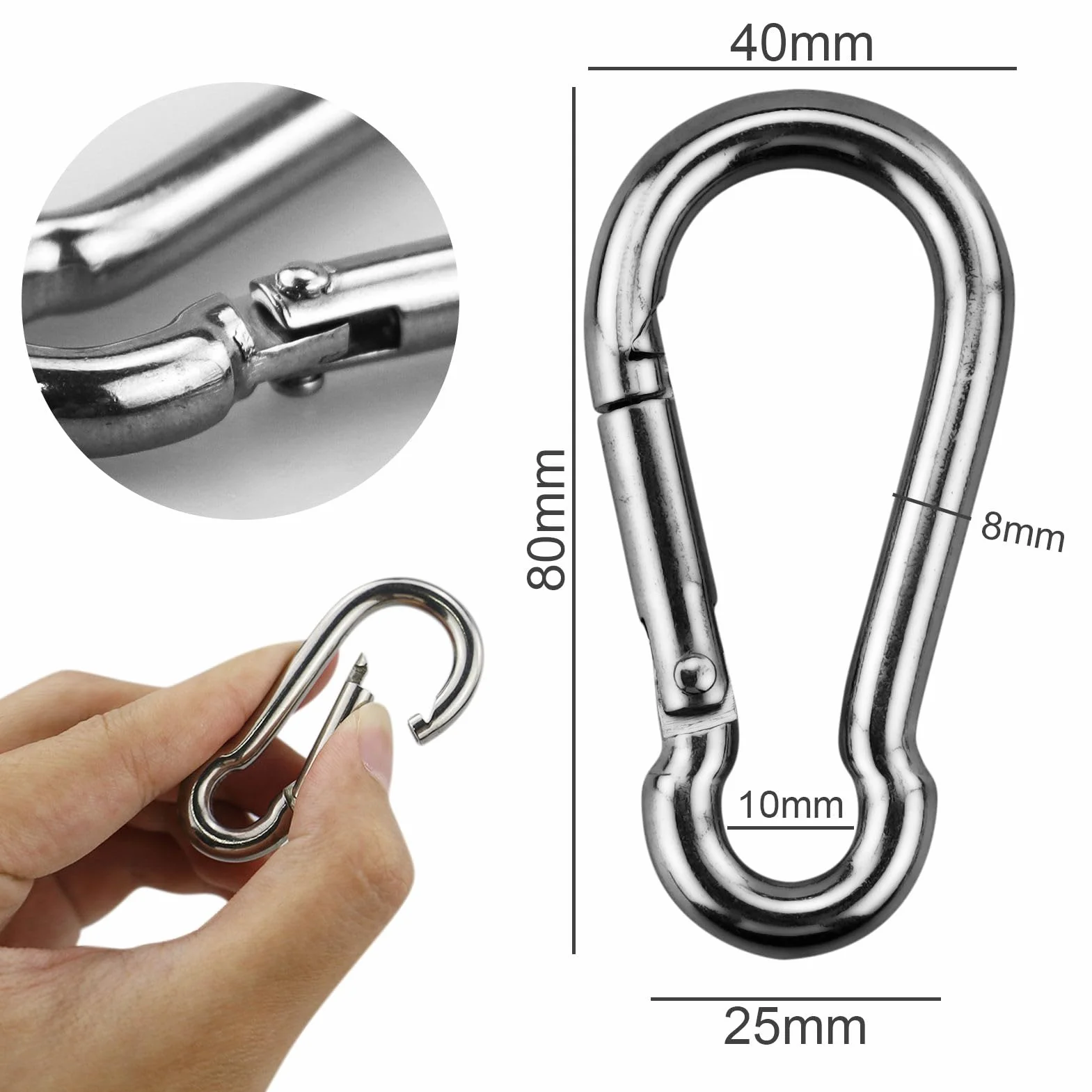 Mousqueton en Acier Inoxydable 304 80mm 250kg pour Sac à Dos Camping Randonnée