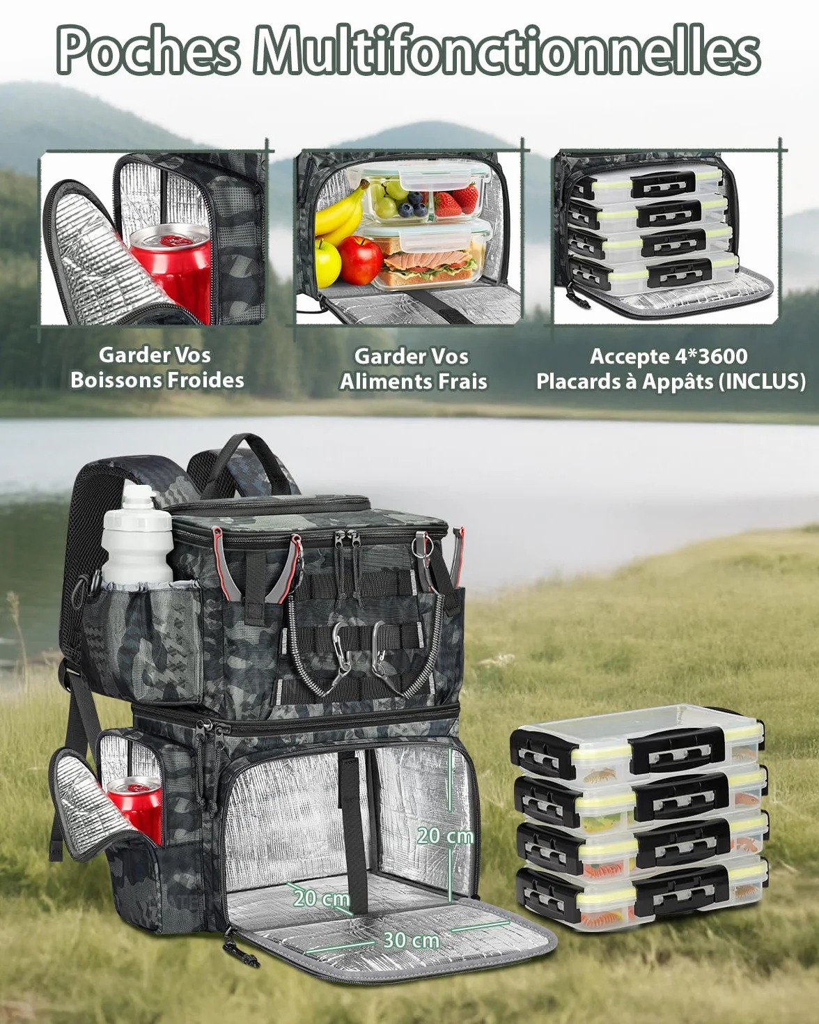 MATEIN Sac de Pêche Étanche avec 4 Boîtes de Rangement, Porte-Canne, Compartiment Isotherme, Camouflage