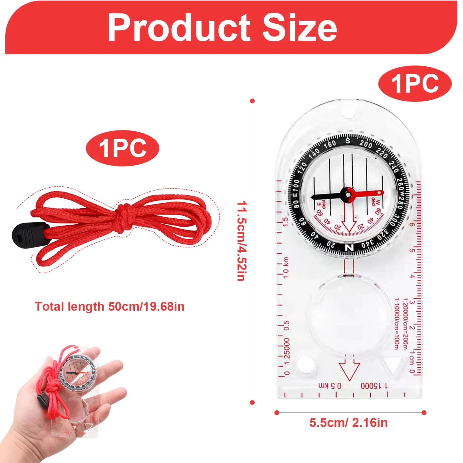 Boussole de Navigation avec Déclinaison Réglable, Corde Rouge Transparente pour Randonnée Camping Sport Plein Air