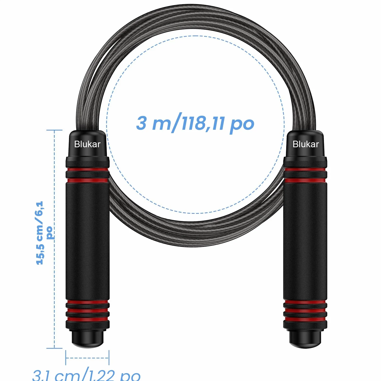 Blukar Corde à Sauter Speed Jump Rope Réglable Roulements à Billes en Acier Poignées Antidérapantes en Mousse Câble en Acier Fitness Crossfit Boxe GYM 3M