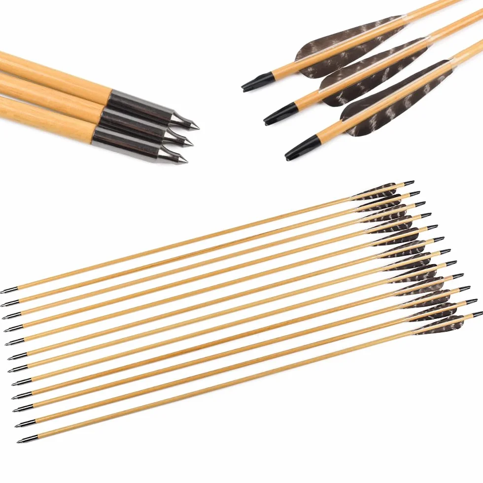 Flèches en bois 81 cm 12 pièces plumes naturelles 10 cm pour tir à larc chasse arc traditionnel recurve long