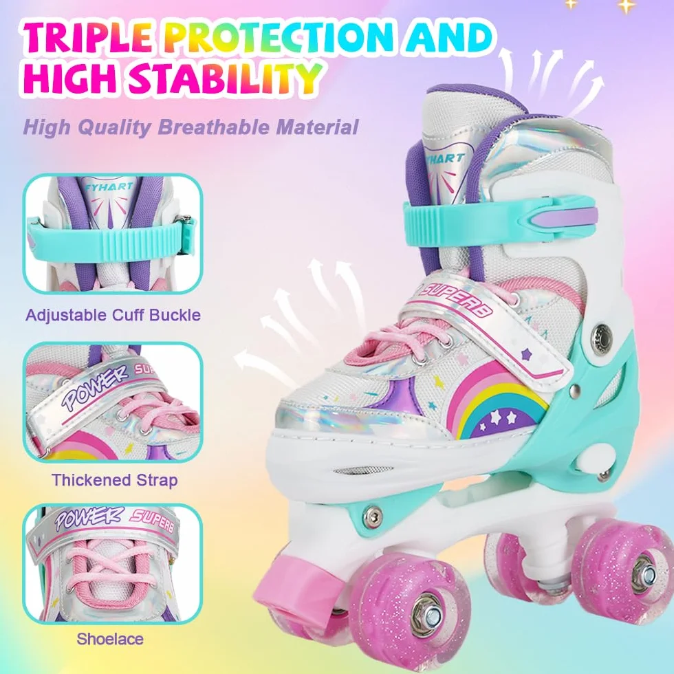 Patins à Roulettes Rainbow Filles Enfants Roues Lumineux Réglables Rollers Quad Débutants