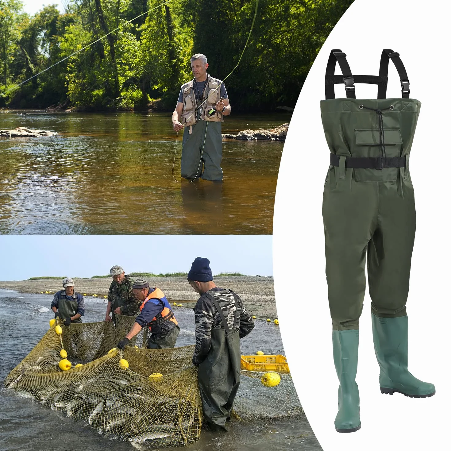 Waders étanches 70D Nylon Composite PVC Pantalon de pêche avec Bottes Caoutchouc antidérapantes