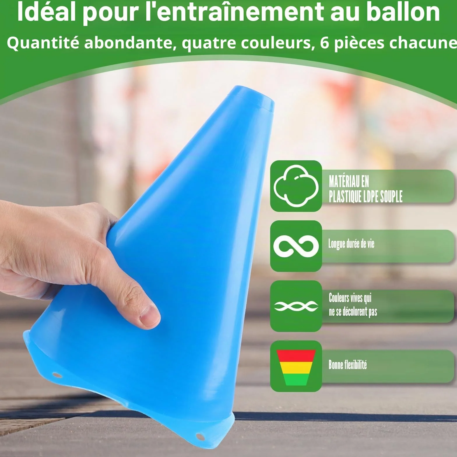 AKOLAFE Lot de 24 Cônes d'Entraînement 23x13.5cm LDPE Souple Incassable 4 Couleurs avec Sac de Transport