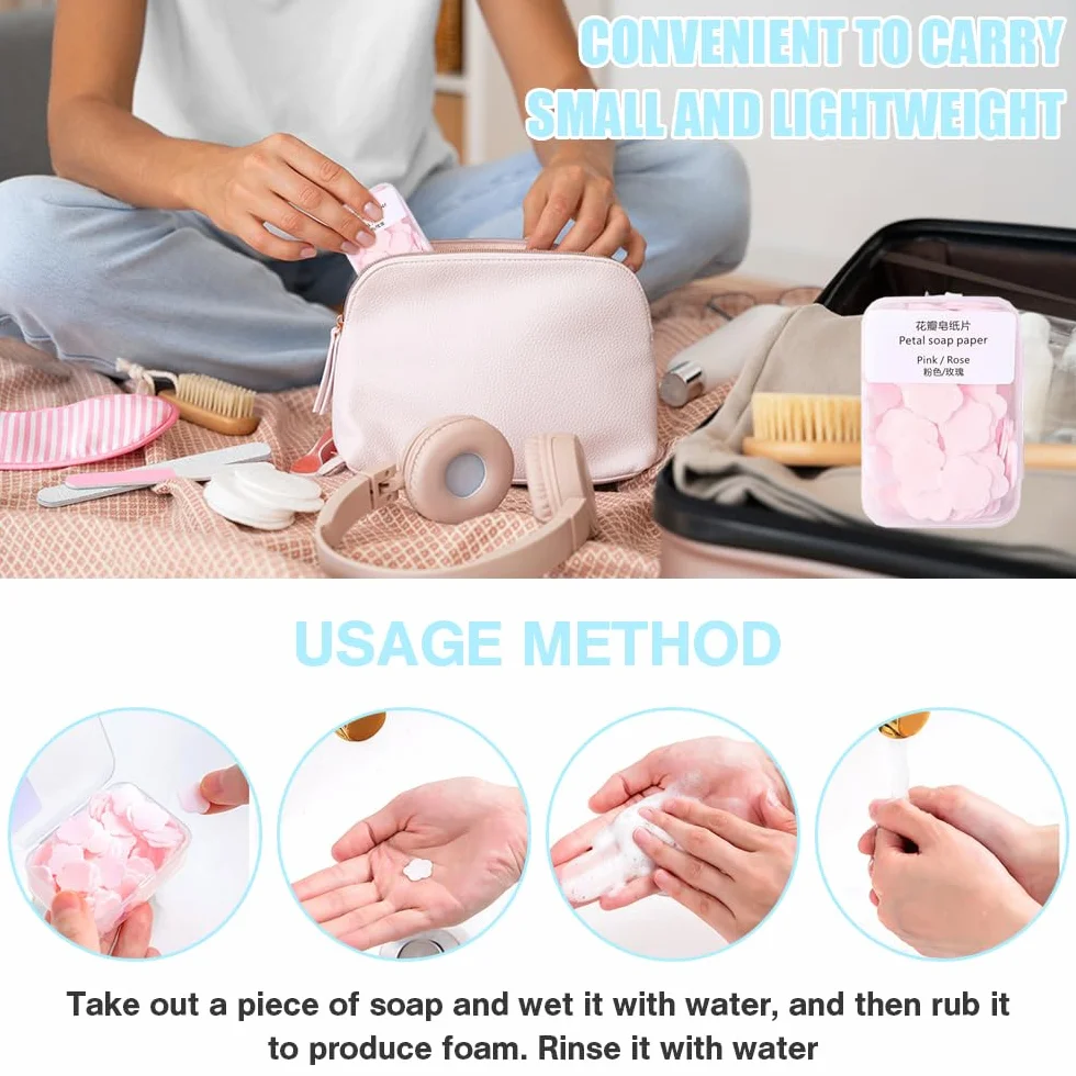 Papier à Savon Portable en Boîtes Mini 8 Pièces Feuilles de Savon de Voyage Jetables avec Boîte Plastique Camping