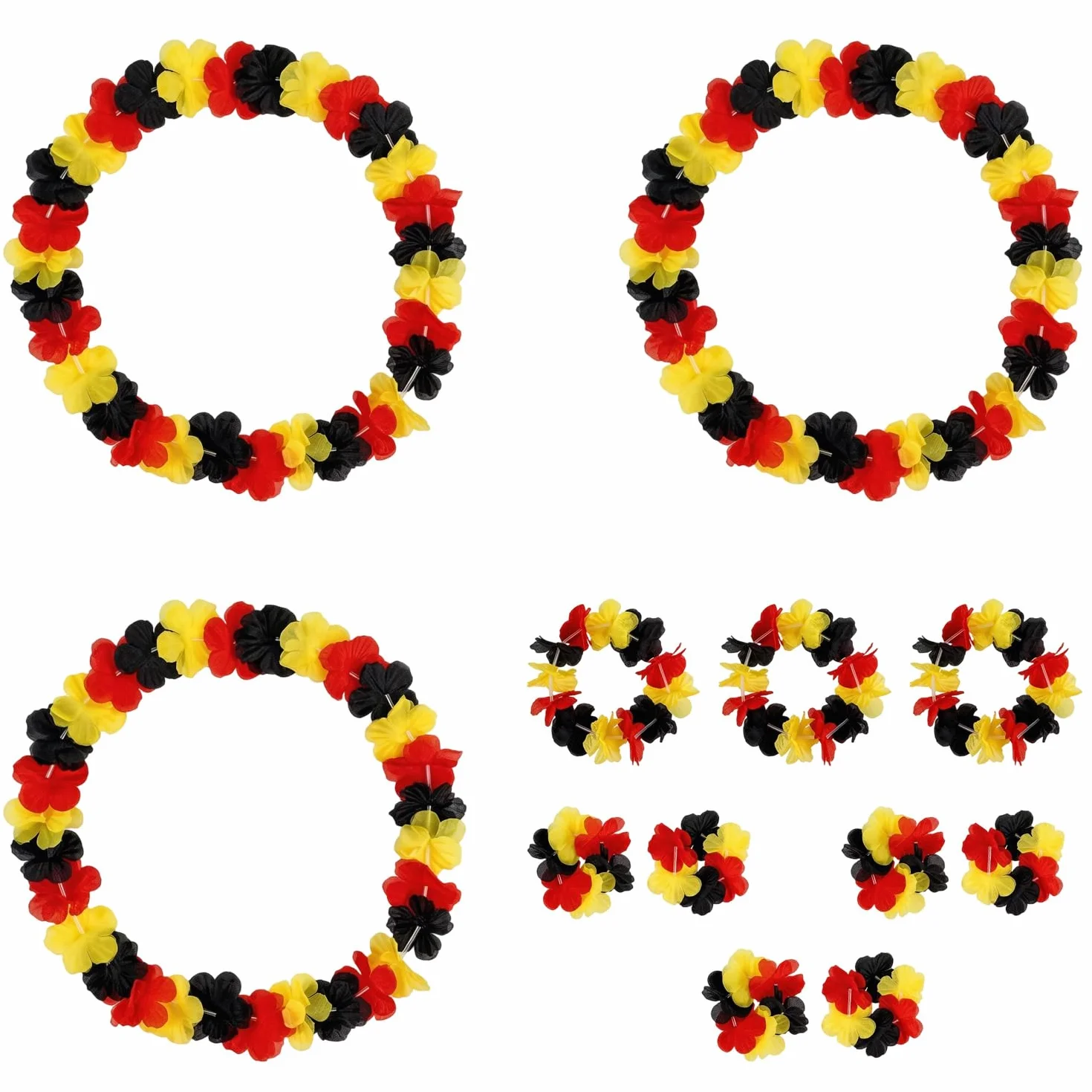 Lot de 3 Sets Collier Hawaien Fleurs Noir Rouge Jaune 12 Pièces Accessoire Supporter Football