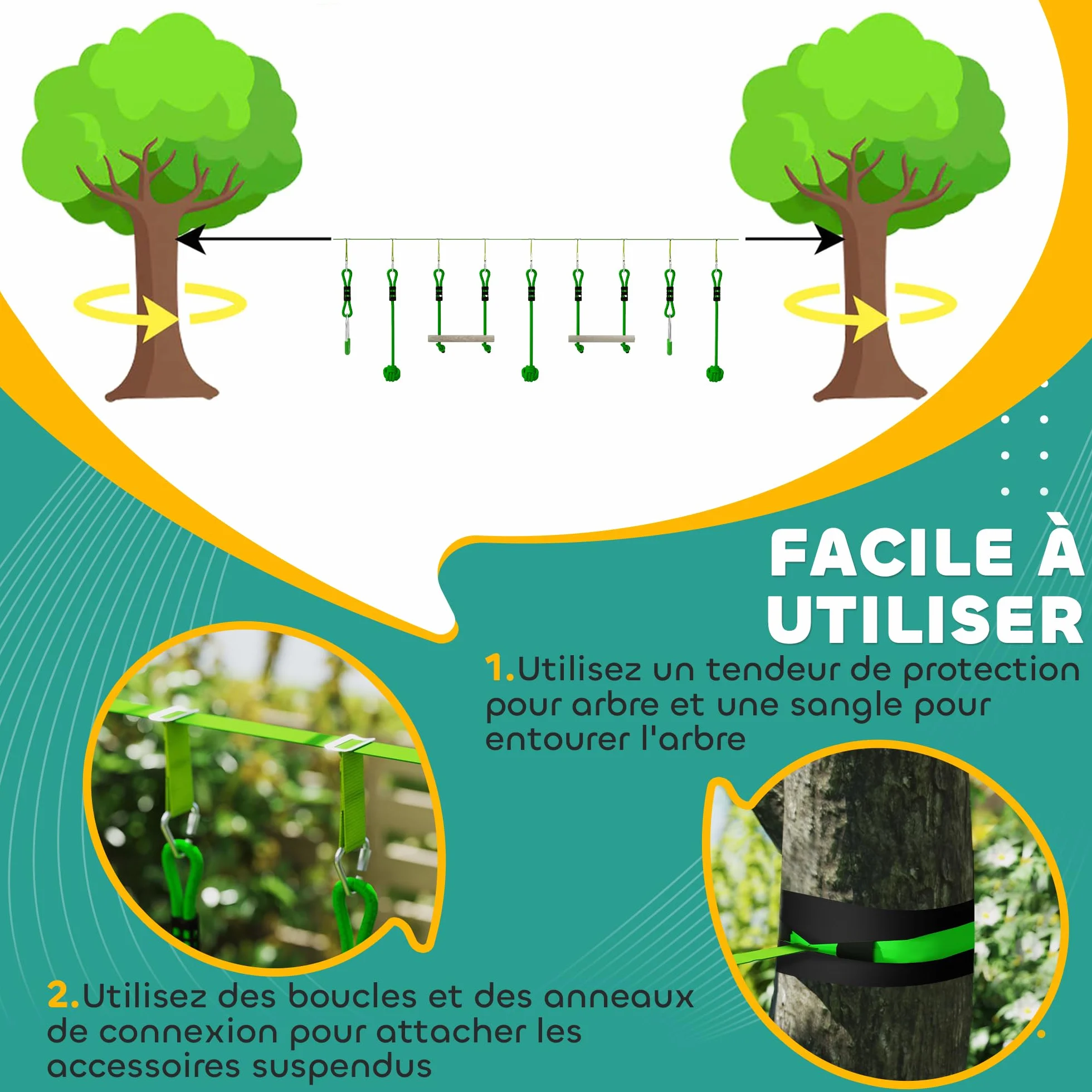 AIYAPLAY Parcours d'obstacles Ninja pour Enfants 10 m 50 kg Slackline Sac de Transport Bois de Sapin PP Vert