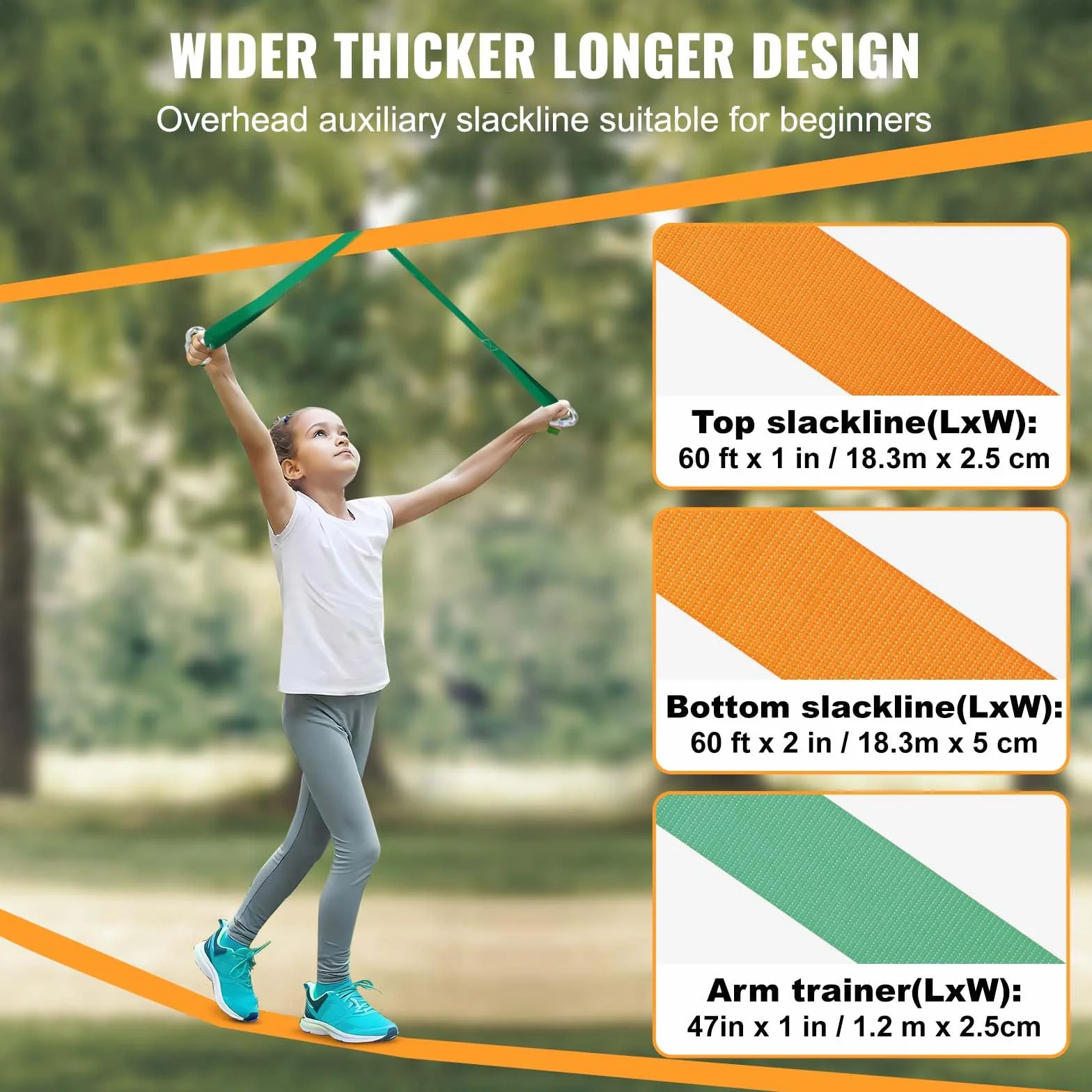 VEVOR Slackline 18,3 m Sangle d'Équilibre 226,8 kg Jeu Complet avec Protecteur d'Arbres